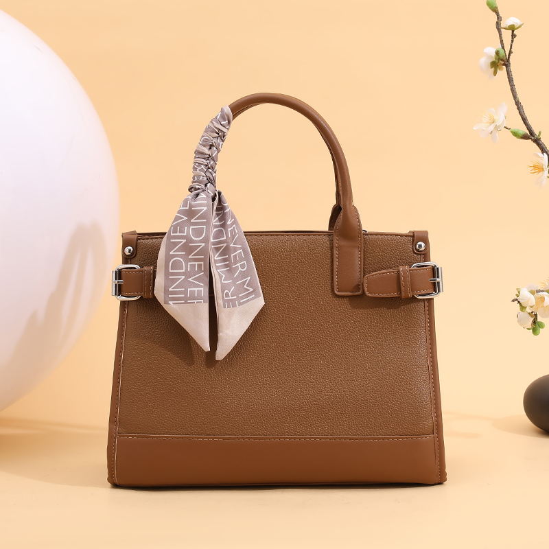 Elegant Textured Leather Handbag with Decorative Silk Scarf, Multi-color Business Tote Bag