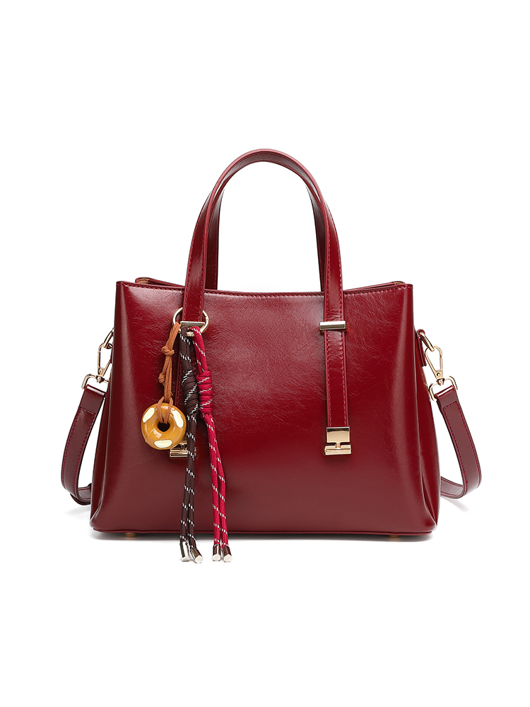 Wine Red Elegant Leather Handbag with Donut Pendant, Multi-way Crossbody Tote Bag