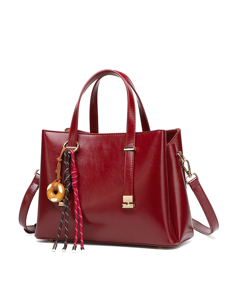 Wine Red Elegant Leather Handbag with Donut Pendant, Multi-way Crossbody Tote Bag