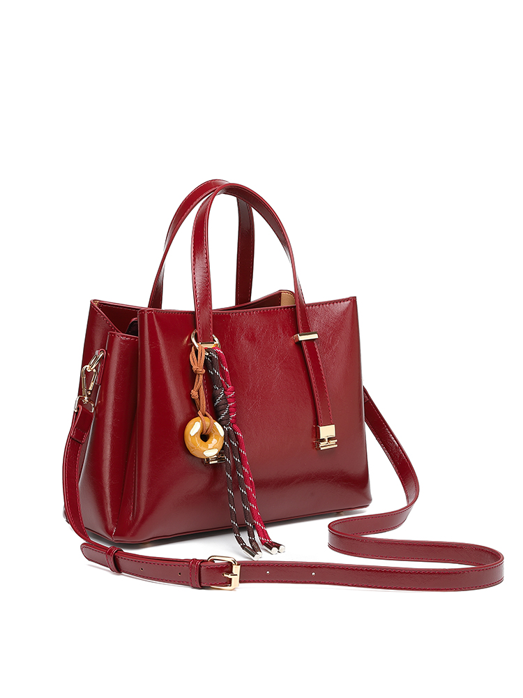 Wine Red Elegant Leather Handbag with Donut Pendant, Multi-way Crossbody Tote Bag