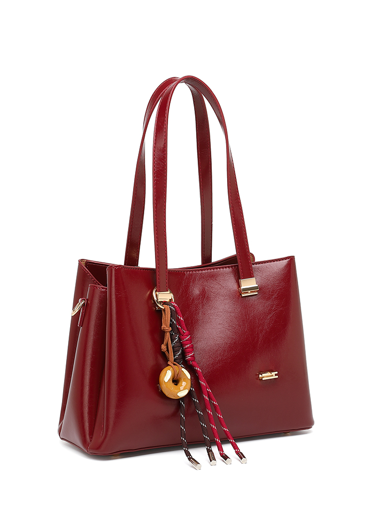 Wine Red Elegant Leather Handbag with Donut Pendant, Multi-way Crossbody Tote Bag
