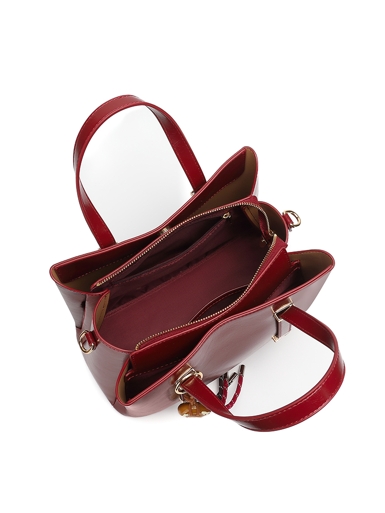 Wine Red Elegant Leather Handbag with Donut Pendant, Multi-way Crossbody Tote Bag