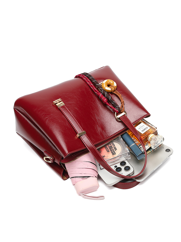 Wine Red Elegant Leather Handbag with Donut Pendant, Multi-way Crossbody Tote Bag