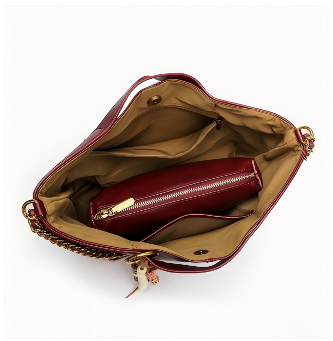 Vintage Burgundy Oil Wax Leather Chain Tote Shoulder Bag