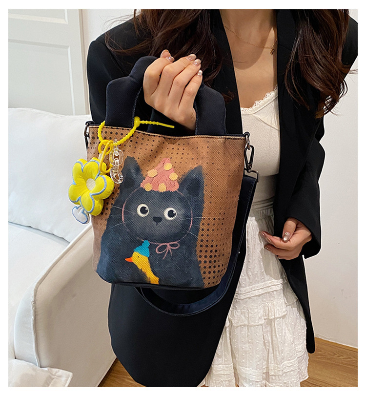 Cute Cartoon Black Cat Print Canvas Mini Bucket Crossbody Bag with Flower Charm