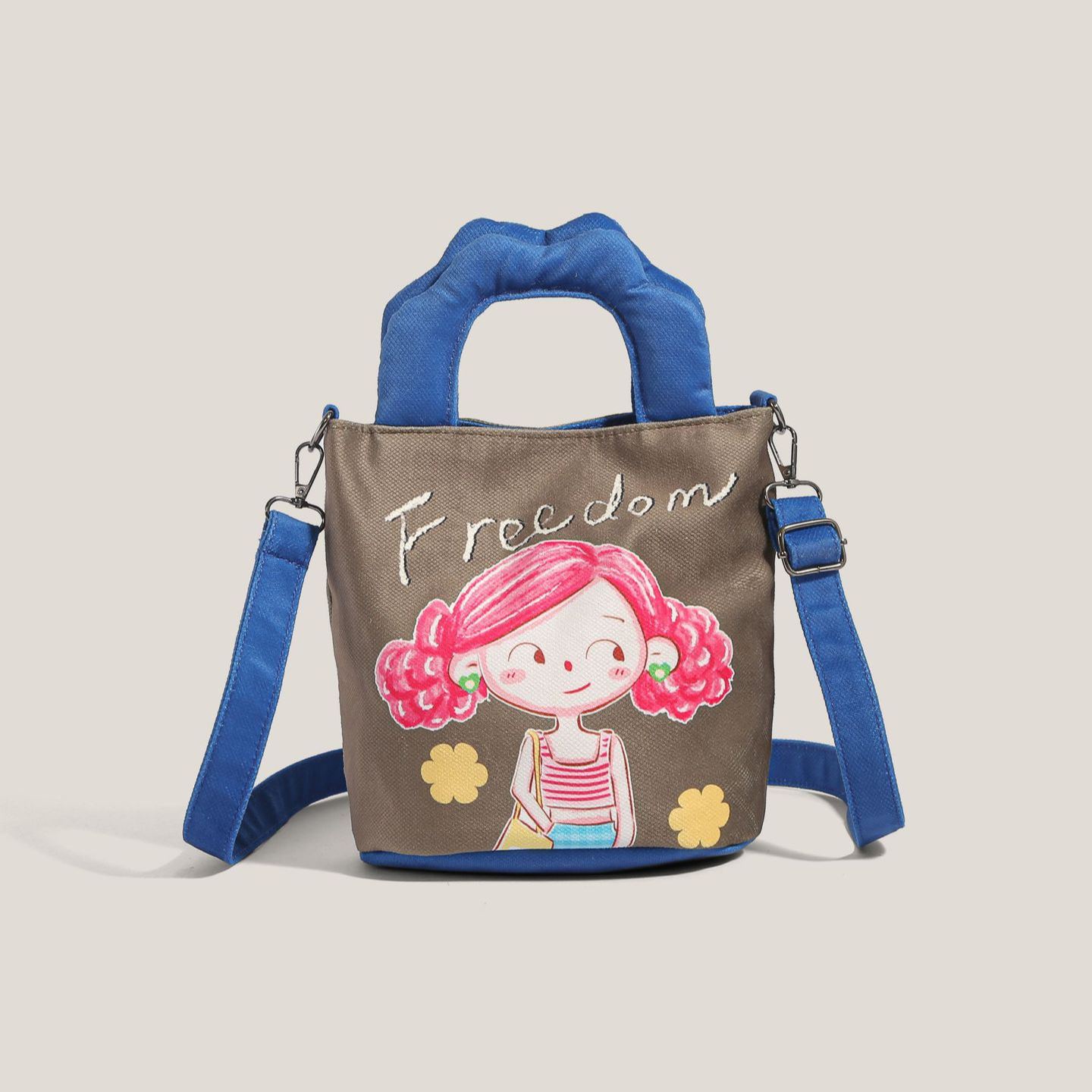 Cute Cartoon Black Cat Print Canvas Mini Bucket Crossbody Bag with Flower Charm