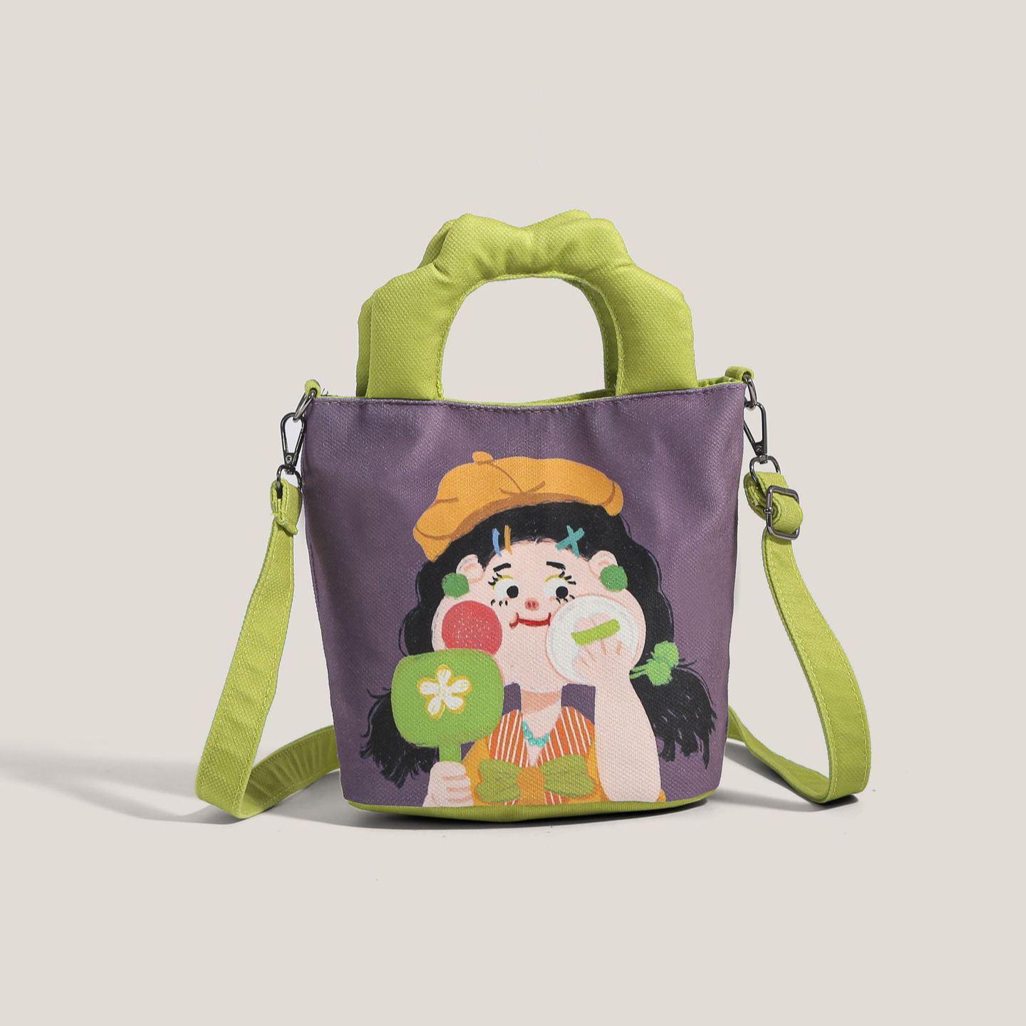 Cute Cartoon Black Cat Print Canvas Mini Bucket Crossbody Bag with Flower Charm