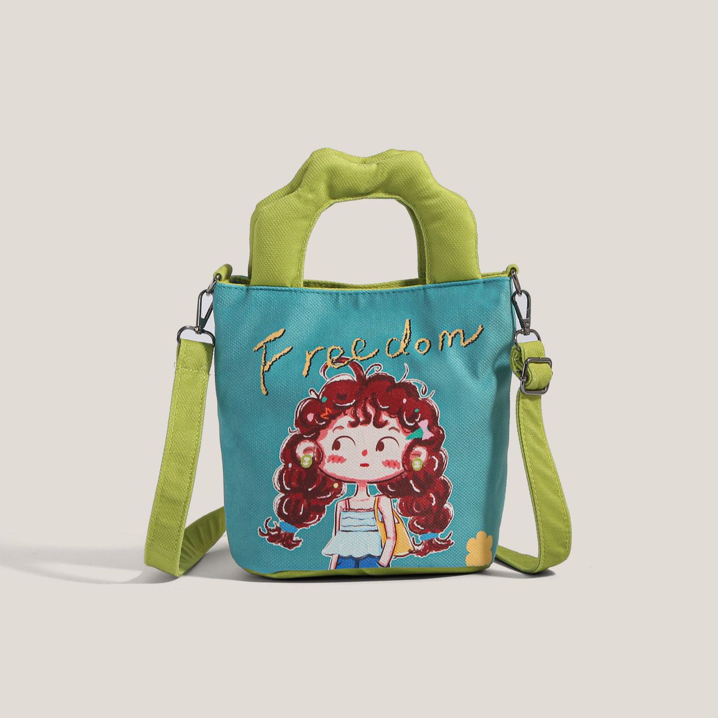 Cute Cartoon Black Cat Print Canvas Mini Bucket Crossbody Bag with Flower Charm