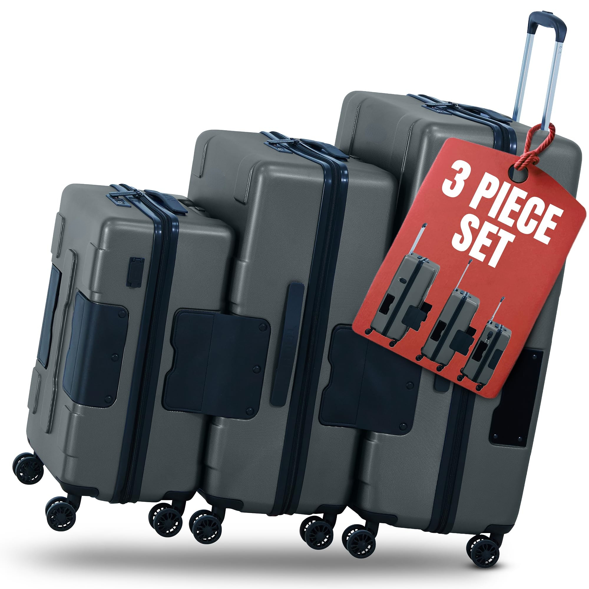 Patented Connecting Hard Shell 3 Piece Luggage Set - 20, 24 & 28 inch Luggage | Carry-On, Medium & Large Rolling Suitcases - Midnight Blue