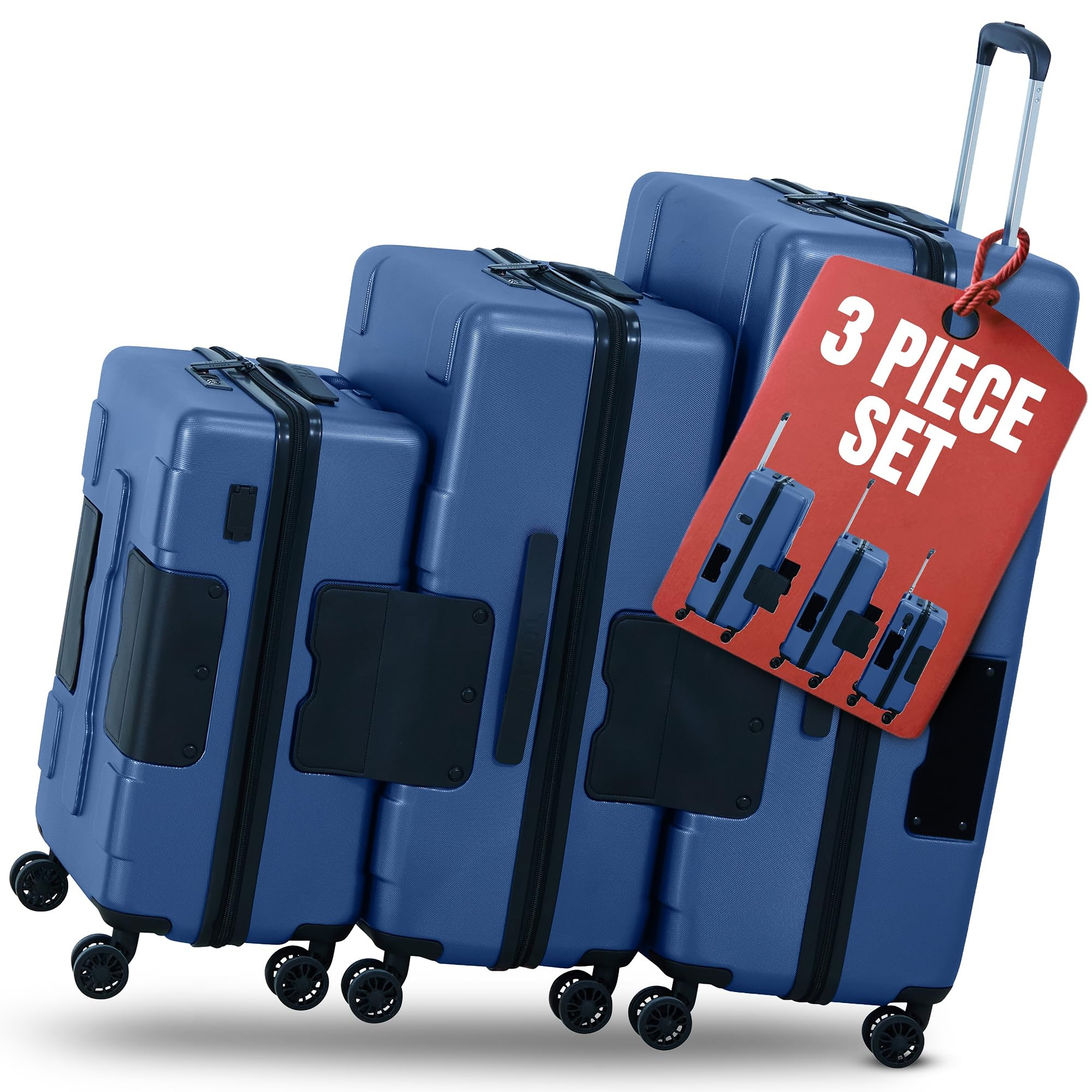 Patented Connecting Hard Shell 3 Piece Luggage Set - 20, 24 & 28 inch Luggage | Carry-On, Medium & Large Rolling Suitcases - Midnight Blue