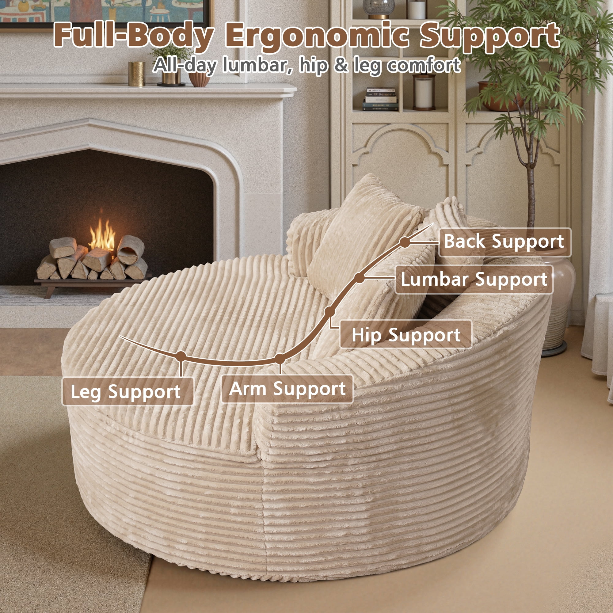 Ovios 58" Oversized Lounge Chair Round Cloud Deep Seat Accent Chair Plush Corduroy Boneless Sofa Chair for Living Room