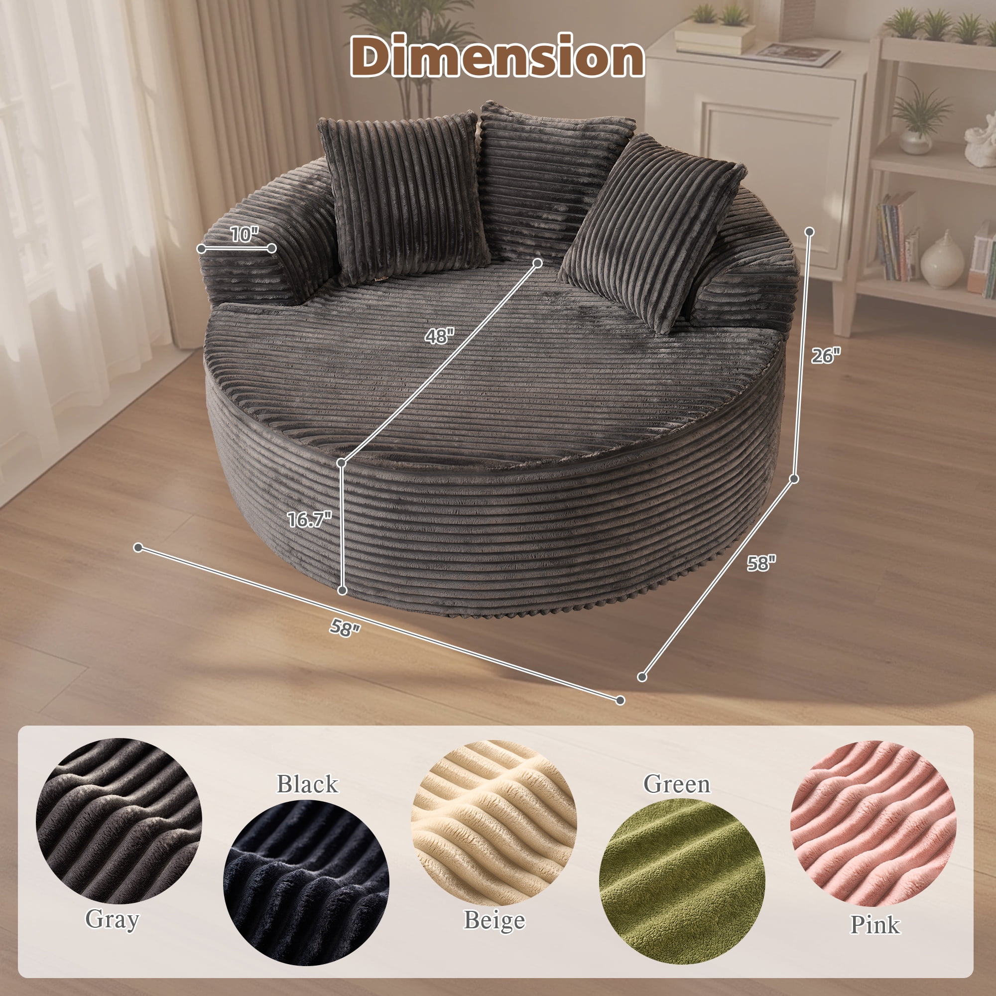 Ovios 58" Oversized Lounge Chair Round Cloud Deep Seat Accent Chair Plush Corduroy Boneless Sofa Chair for Living Room