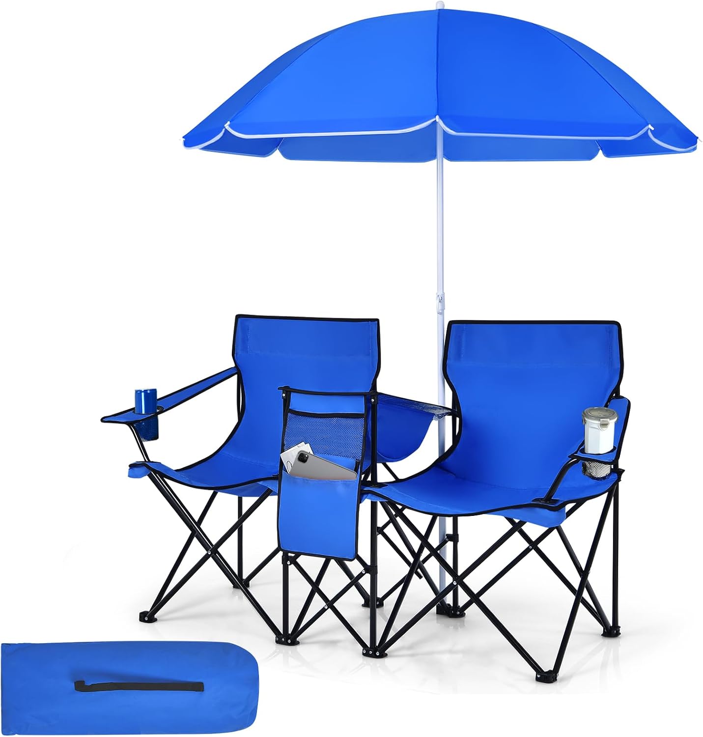 Double Camping Chairs with Umbrella, Portable 2 Seat Folding Camp Chair with Cooler Bag, Beverage Holder, Carrying Bag, Foldable Lawn Chair for Outside, Fishing, Picnic, Beach