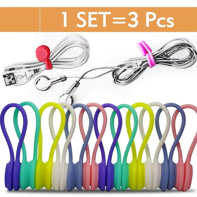 3 Pieces Silicone Cable Organizer, Reusable Magnetic Data Wire Winder, Anti-Slip Wear-Resistant Stress Toy, Home Car Office Wire Management Tool, Desk Cable Organizer, Office Accessories