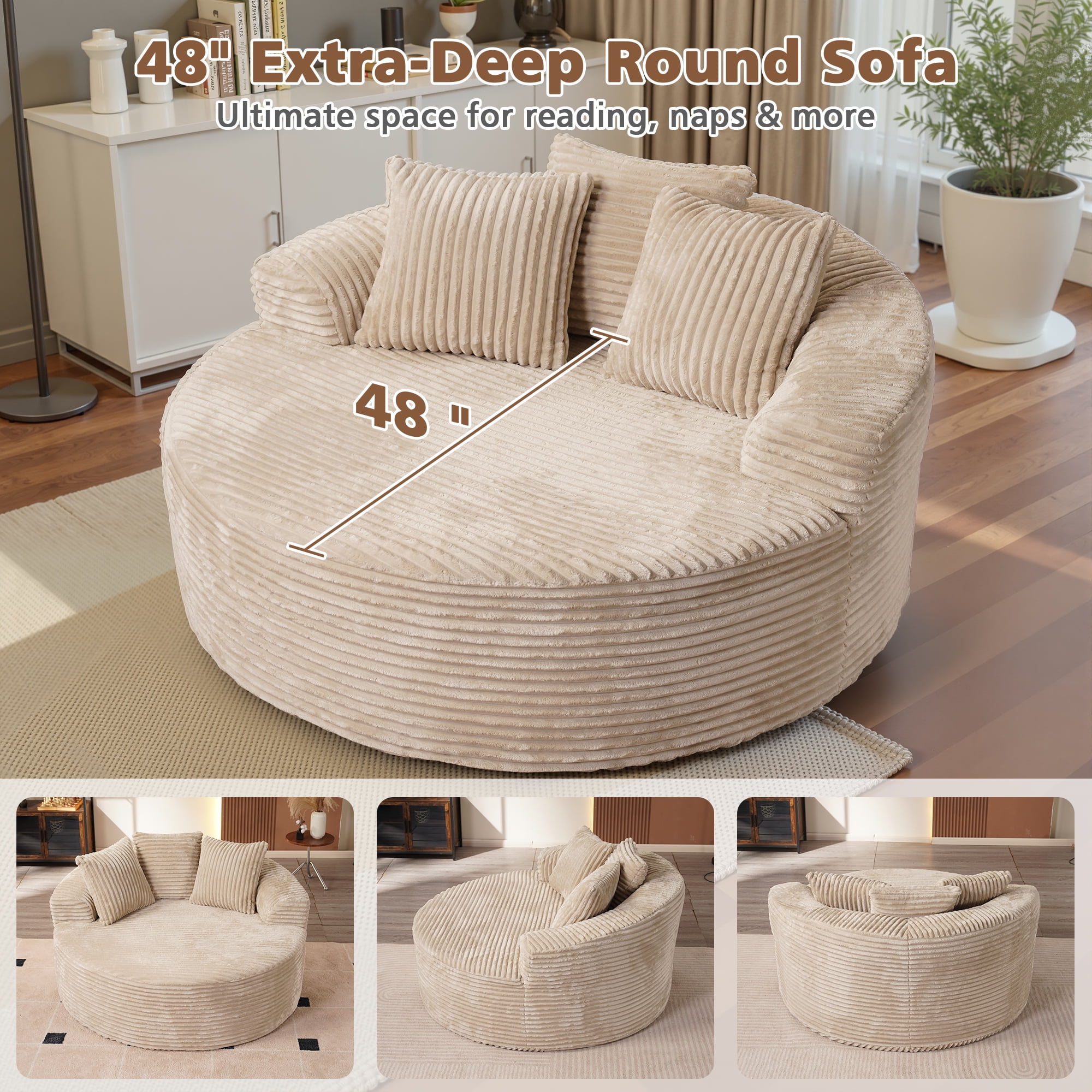 Ovios 58" Oversized Lounge Chair Round Cloud Deep Seat Accent Chair Plush Corduroy Boneless Sofa Chair for Living Room