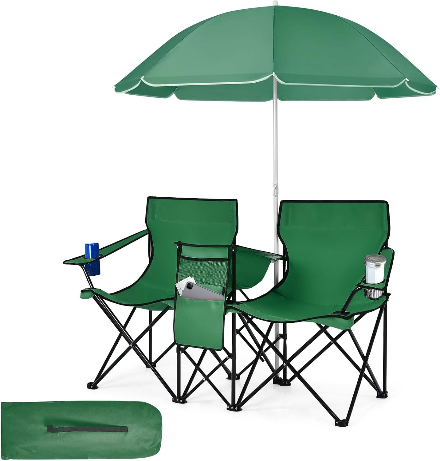 Tangkula Double Camping Chairs with Umbrella, Portable 2 Seat Folding Camp Chair with Cooler Bag, Beverage Holder, Carrying Bag, Foldable Lawn Chair for Outside, Fishing, Picnic, Beach