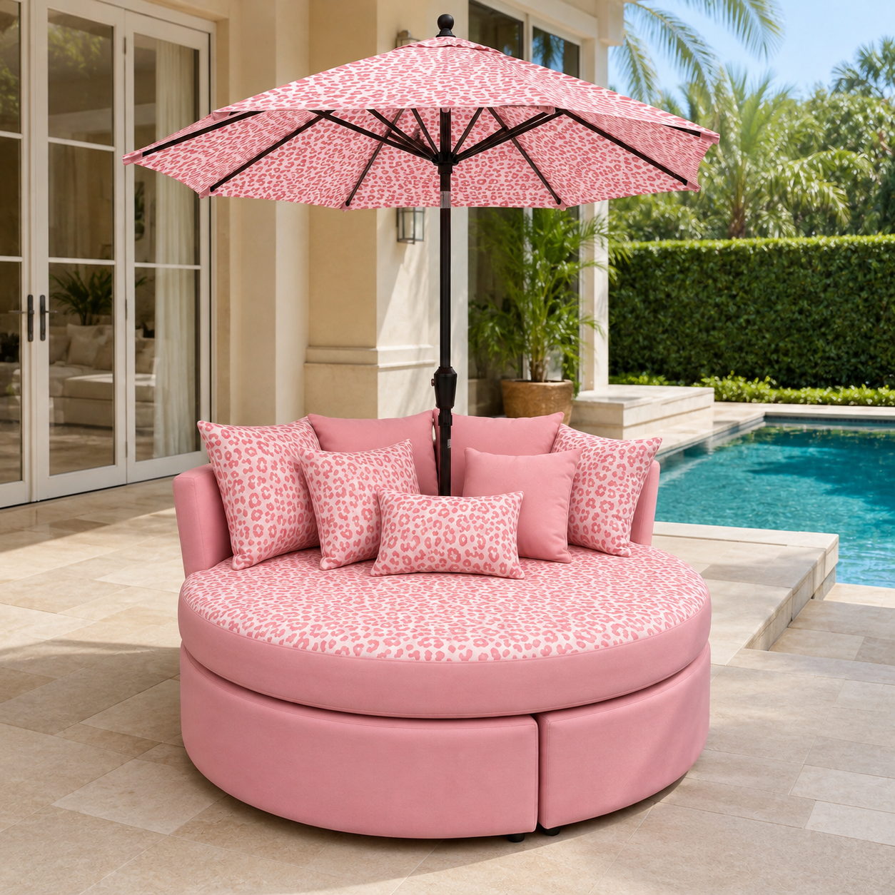 💗 Oversized Round Lounge Daybed with Matching Umbrella & Cushions – Pink Leopard Print