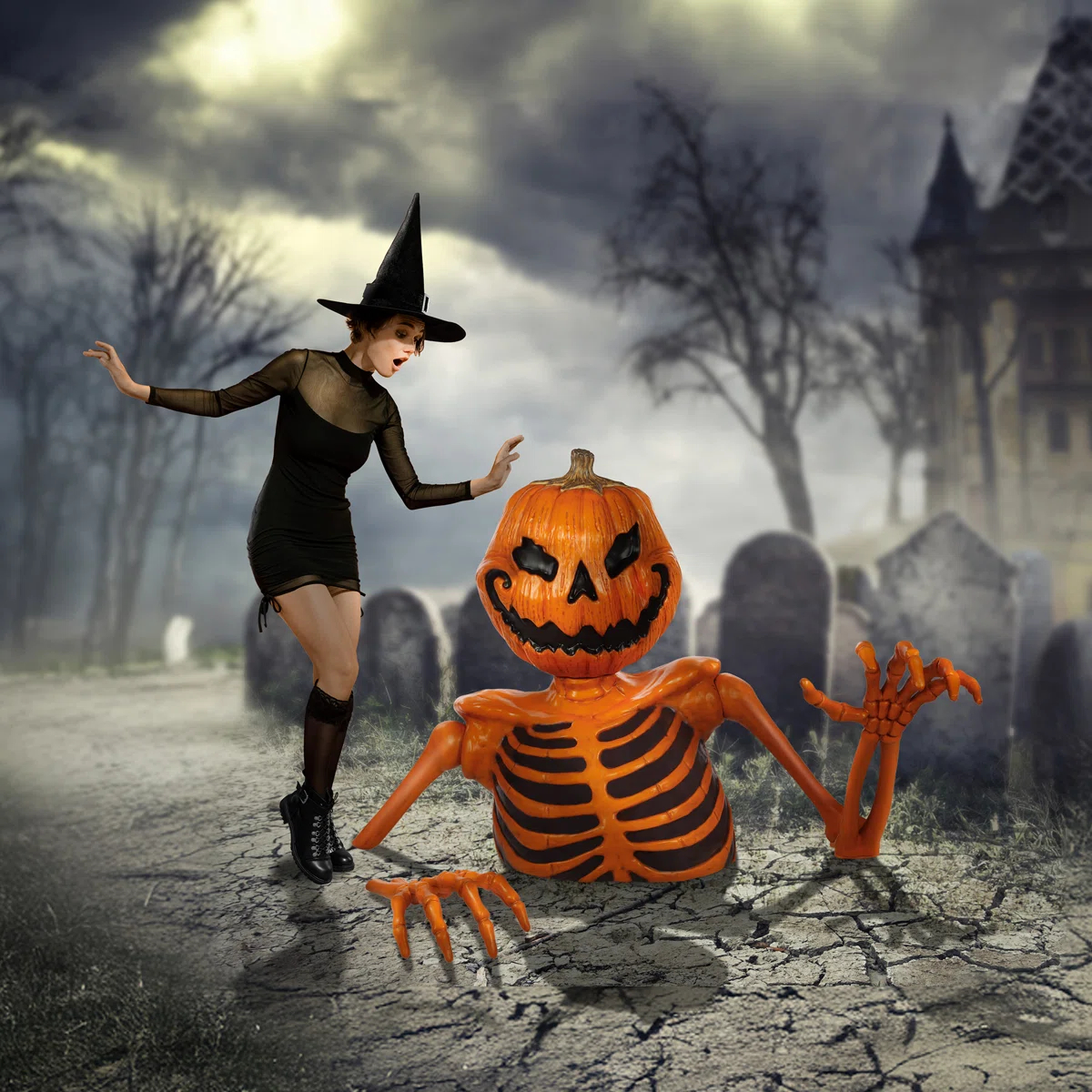 48" Groundbreaking Pumpkin Skeleton - Creepy Outdoor Halloween Decor