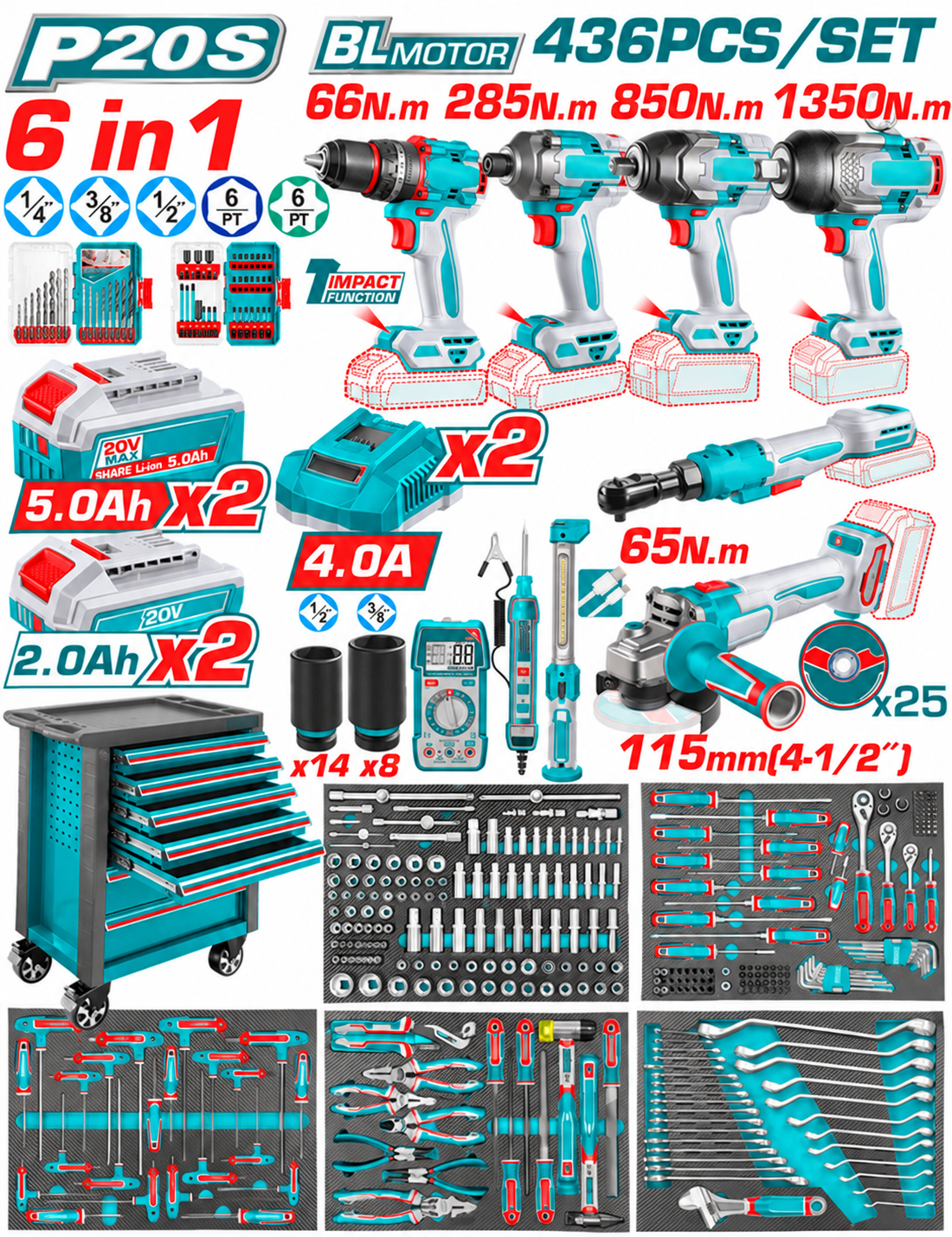 436 Pcs Tool Chest Set – Complete Workshop Kit with Cordless Power Tools & 7 Drawer Cabinet