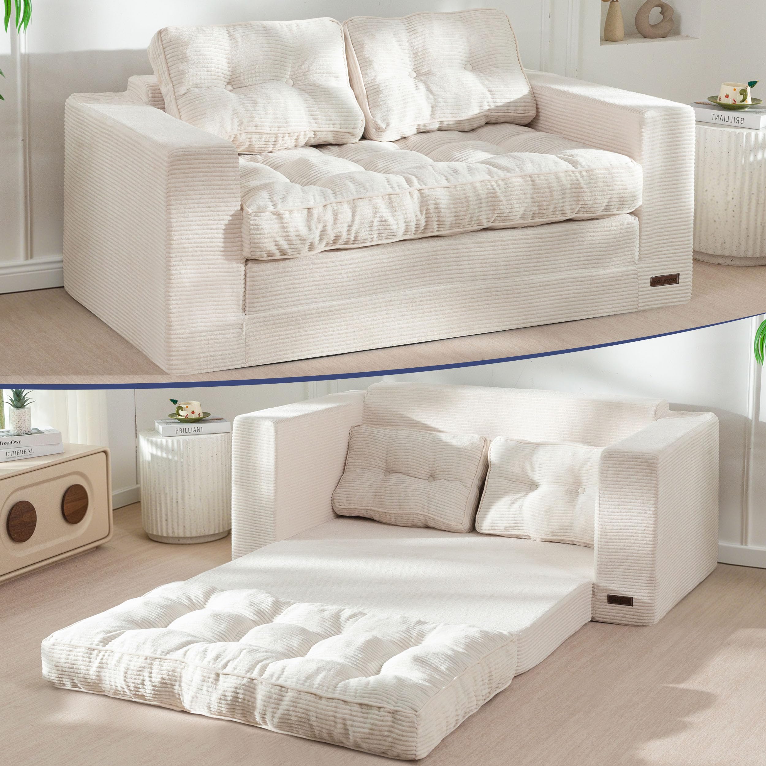 Convertible Sofa Bed, Pull Out Loveseat Sofa Couch, 2 in 1 Folding Couch Bed, Fold Out Floor Couch with Pillows for Living Room Bedroom Lounge, Beige