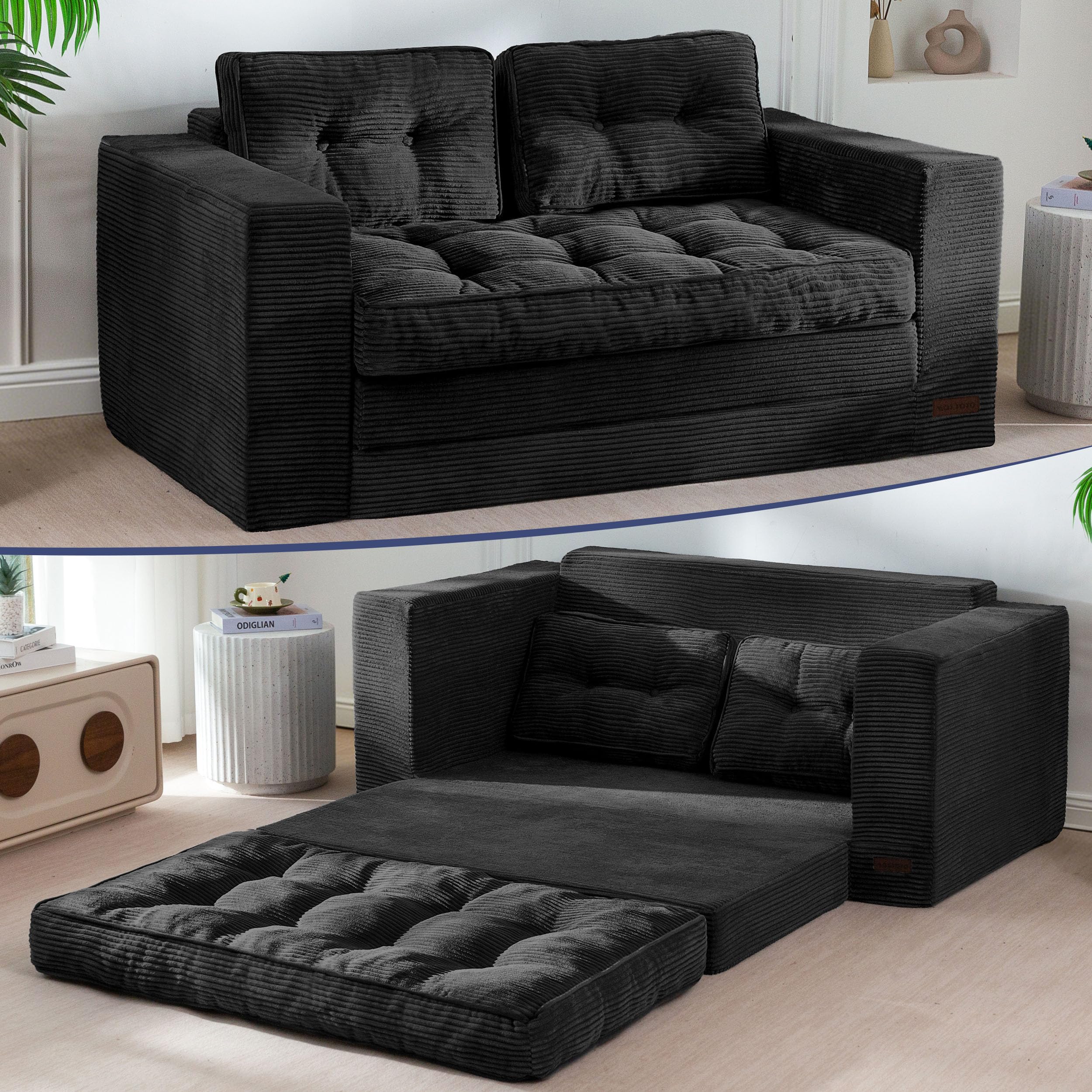 Convertible Sofa Bed, Pull Out Loveseat Sofa Couch, 2 in 1 Folding Couch Bed, Fold Out Floor Couch with Pillows for Living Room Bedroom Lounge, Beige