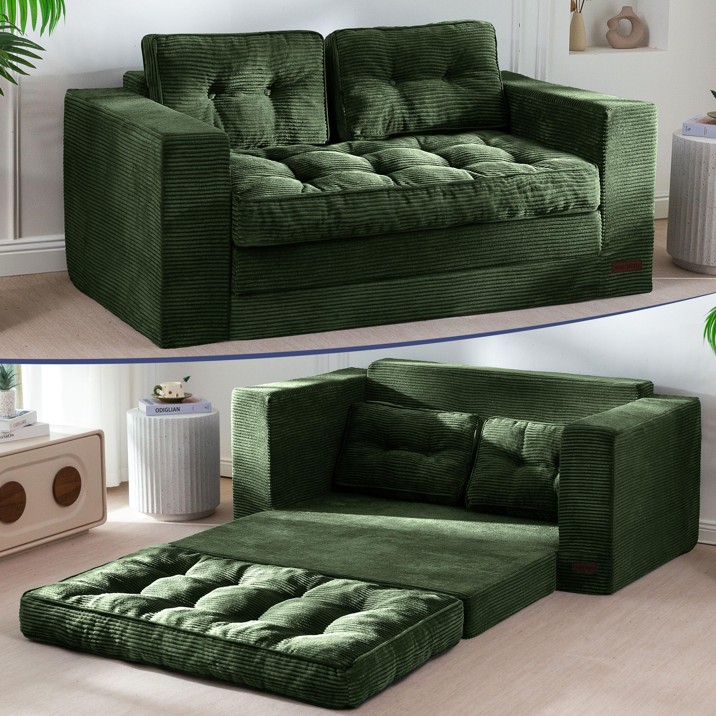 Convertible Sofa Bed, Pull Out Loveseat Sofa Couch, 2 in 1 Folding Couch Bed, Fold Out Floor Couch with Pillows for Living Room Bedroom Lounge, Beige