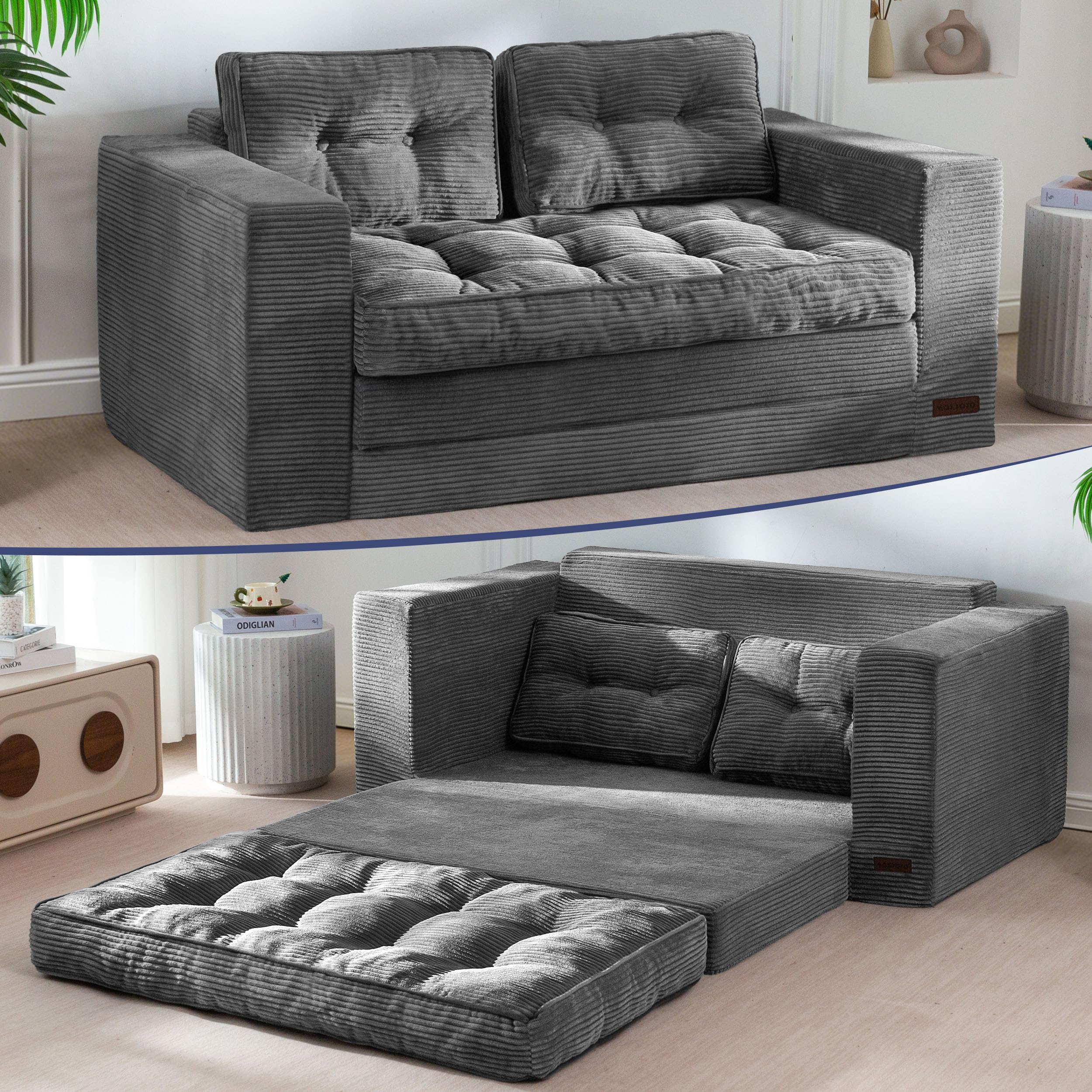Convertible Sofa Bed, Pull Out Loveseat Sofa Couch, 2 in 1 Folding Couch Bed, Fold Out Floor Couch with Pillows for Living Room Bedroom Lounge, Beige