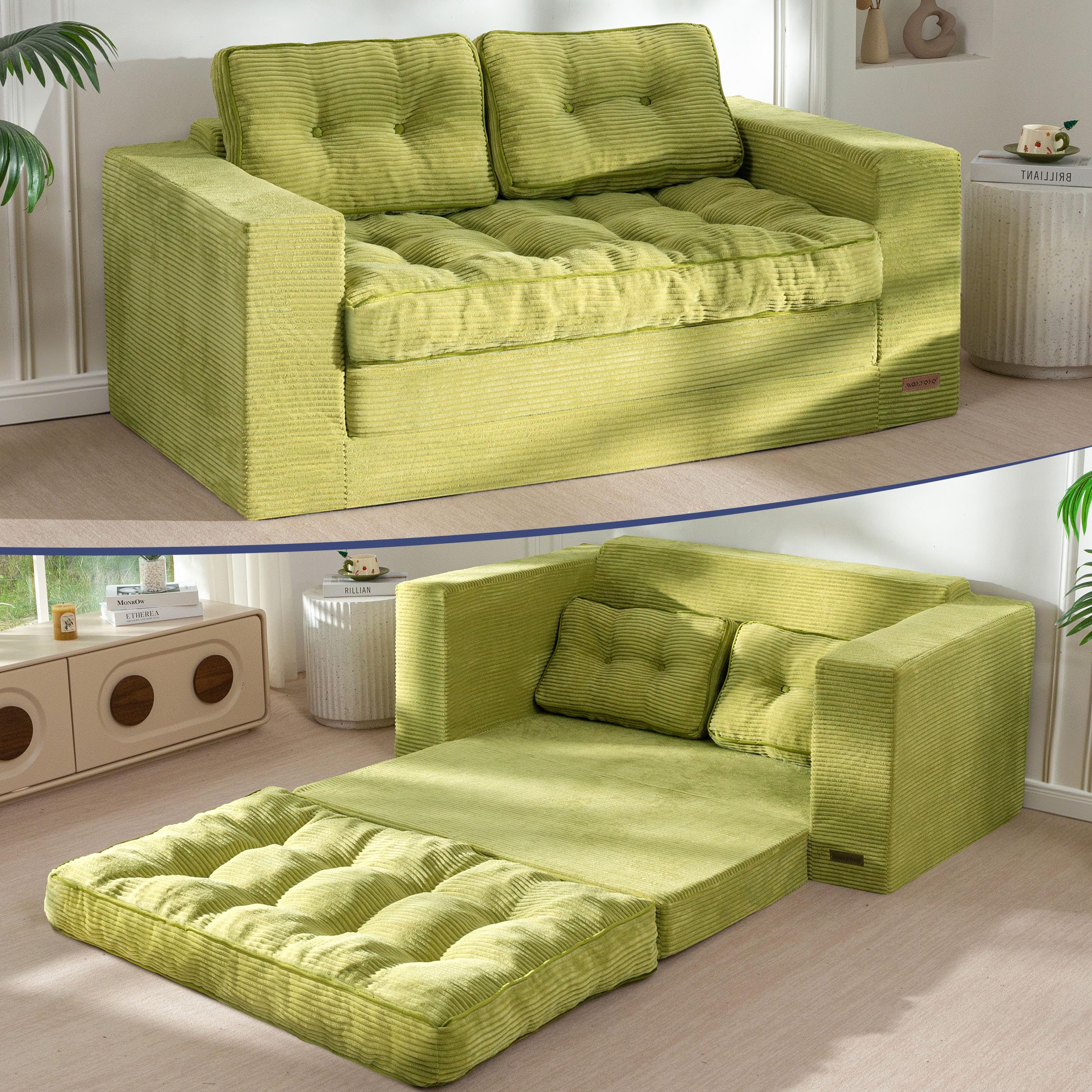 Convertible Sofa Bed, Pull Out Loveseat Sofa Couch, 2 in 1 Folding Couch Bed, Fold Out Floor Couch with Pillows for Living Room Bedroom Lounge, Beige
