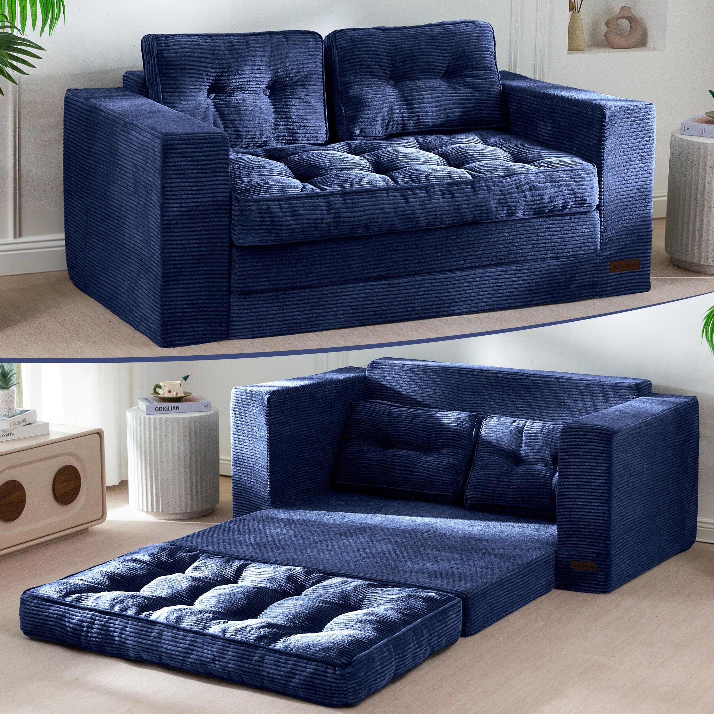 Convertible Sofa Bed, Pull Out Loveseat Sofa Couch, 2 in 1 Folding Couch Bed, Fold Out Floor Couch with Pillows for Living Room Bedroom Lounge, Beige