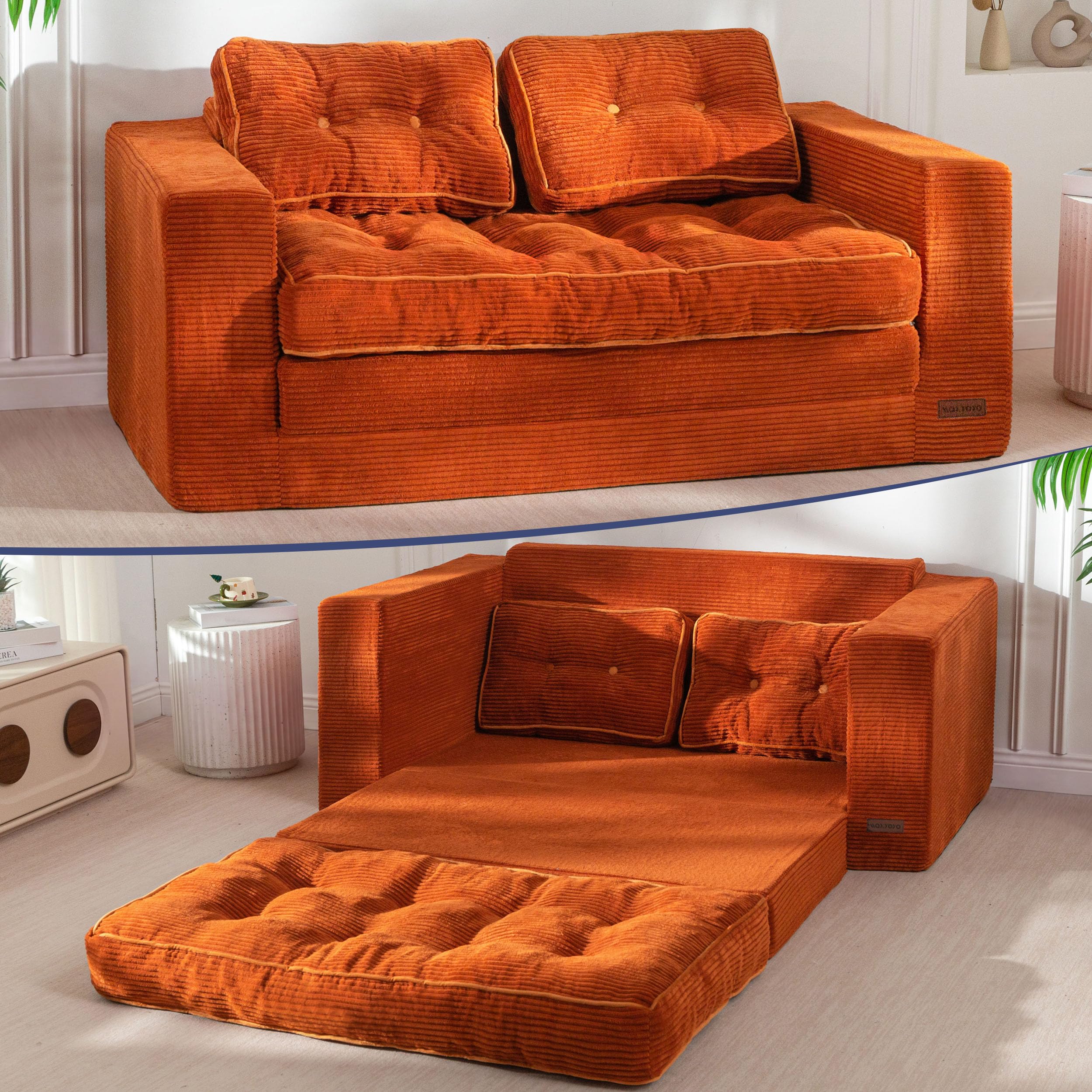 Convertible Sofa Bed, Pull Out Loveseat Sofa Couch, 2 in 1 Folding Couch Bed, Fold Out Floor Couch with Pillows for Living Room Bedroom Lounge, Beige
