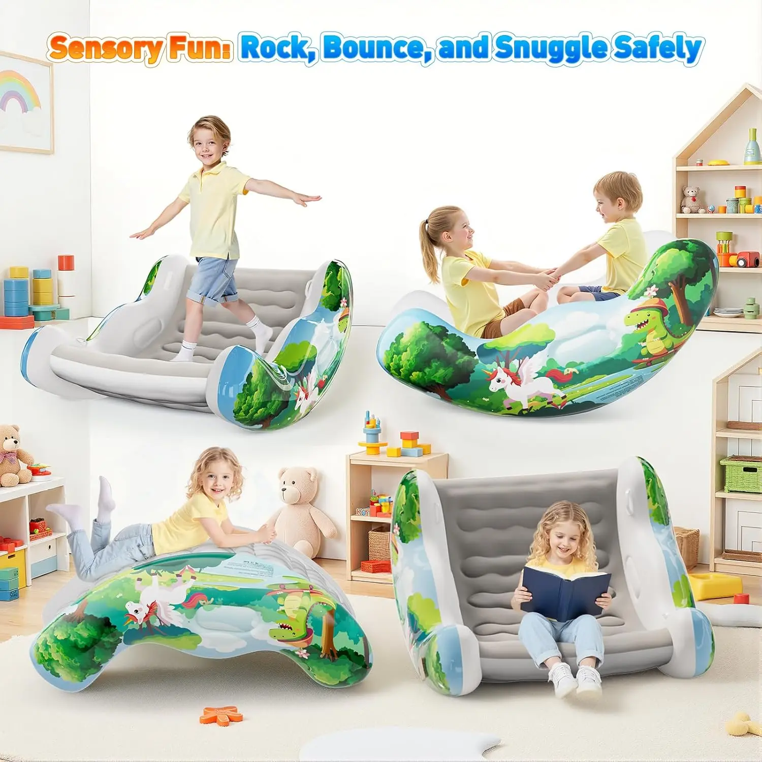 Sensory Chair for Kids, Inflatable Rocking Chair for Kids with Autism & ADHD, Air Cloud Rocker for Toddler as 3 4 5 6 7 8 Year Old Boy Girl Gifts, Autism Sensory Products Training Body Coordination