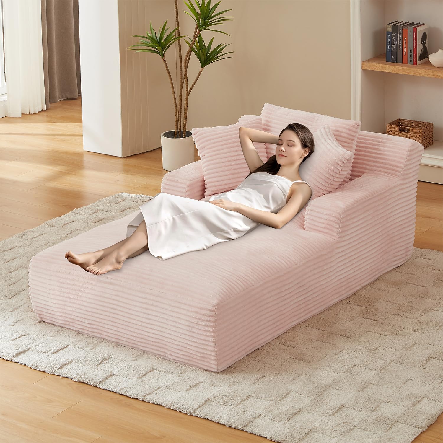 67 Inch Chaise Lounge Chair Indoor, Oversized Corduroy Upholstered Boneless Sofa Bed, Deep Seat Sleeper Couch Reading Chairs, Cloud Sofas Couches for Living Room, No Assembly Required (Beige)