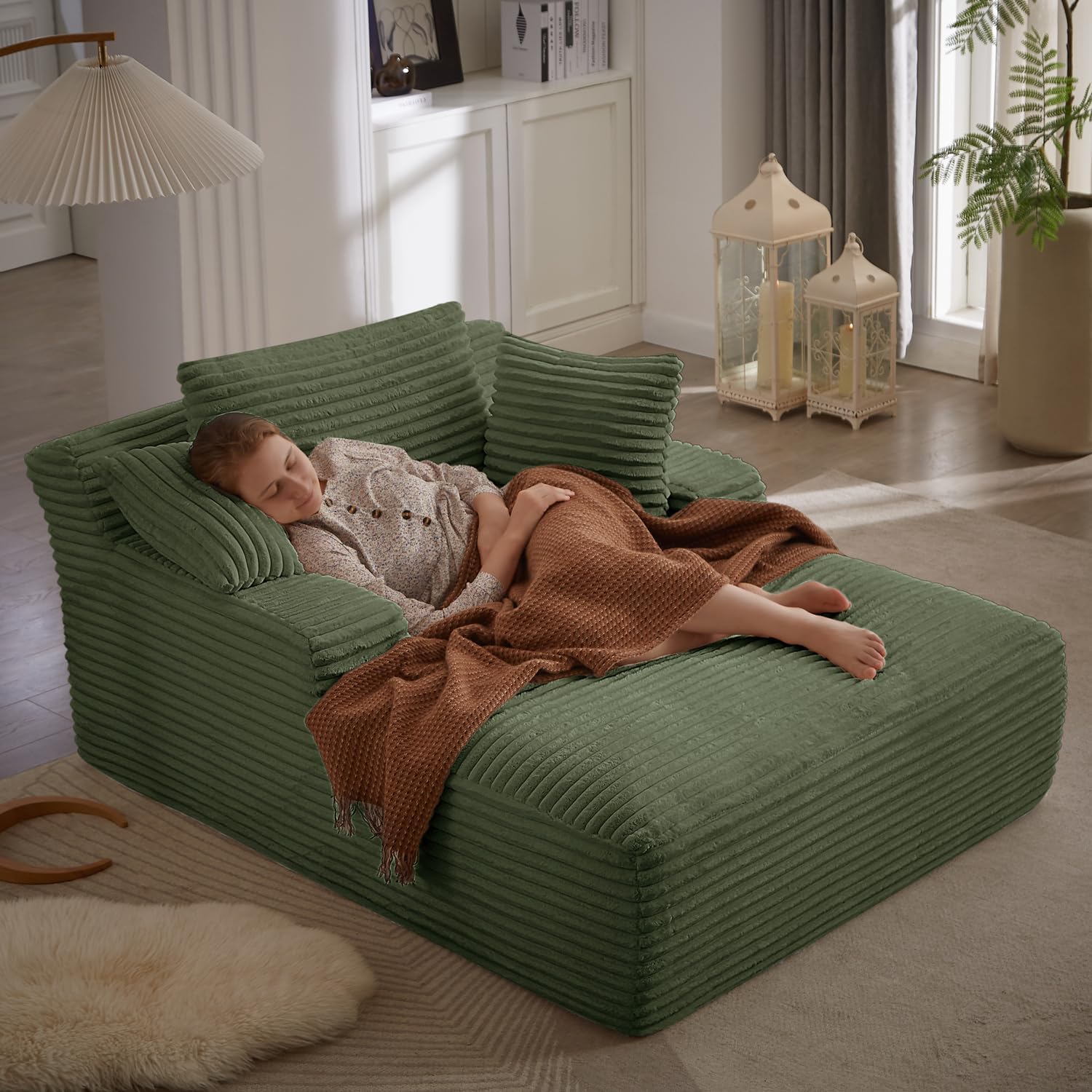 67 Inch Chaise Lounge Chair Indoor, Oversized Corduroy Upholstered Boneless Sofa Bed, Deep Seat Sleeper Couch Reading Chairs, Cloud Sofas Couches for Living Room, No Assembly Required (Beige)