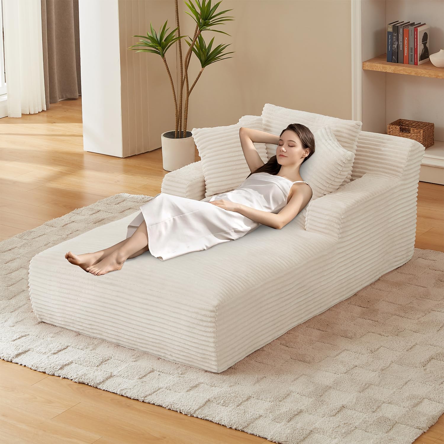 67 Inch Chaise Lounge Chair Indoor, Oversized Corduroy Upholstered Boneless Sofa Bed, Deep Seat Sleeper Couch Reading Chairs, Cloud Sofas Couches for Living Room, No Assembly Required (Beige)
