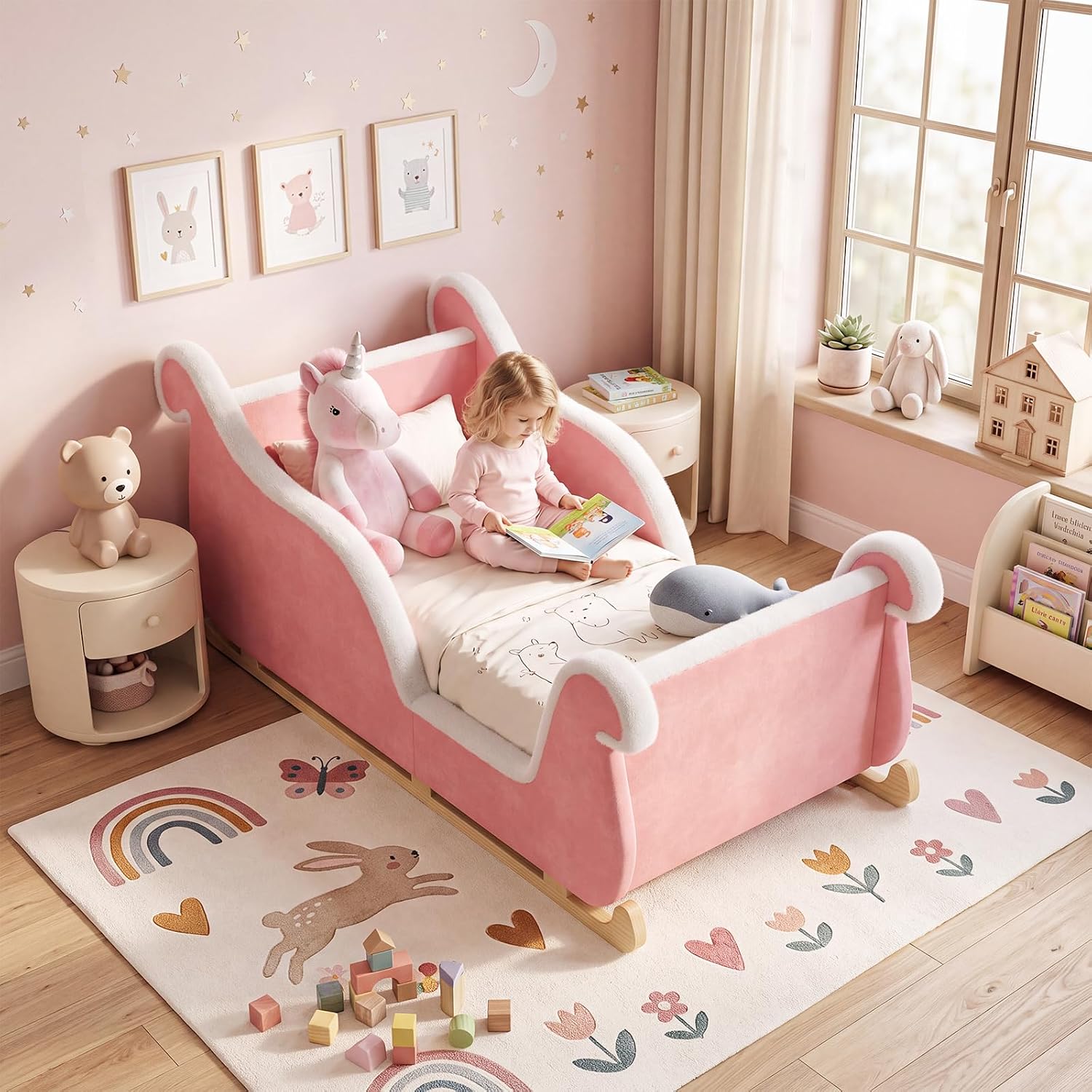 Toddler Bed, Upholstered Toddler Bed Frame with Safety Guardrails