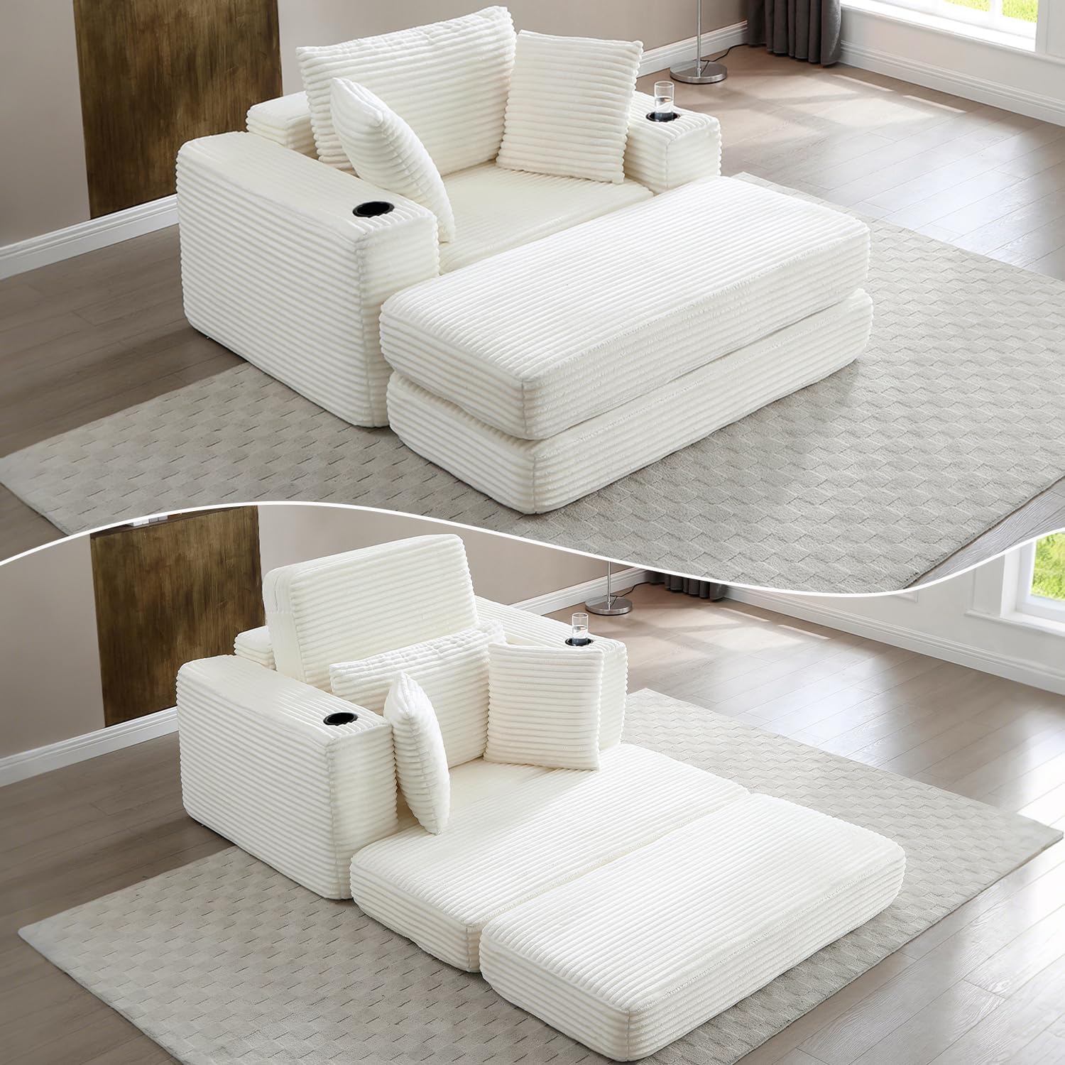 67 Inch Chaise Lounge Chair Indoor, Oversized Corduroy Upholstered Boneless Sofa Bed, Deep Seat Sleeper Couch Reading Chairs, Cloud Sofas Couches for Living Room, No Assembly Required (Beige)