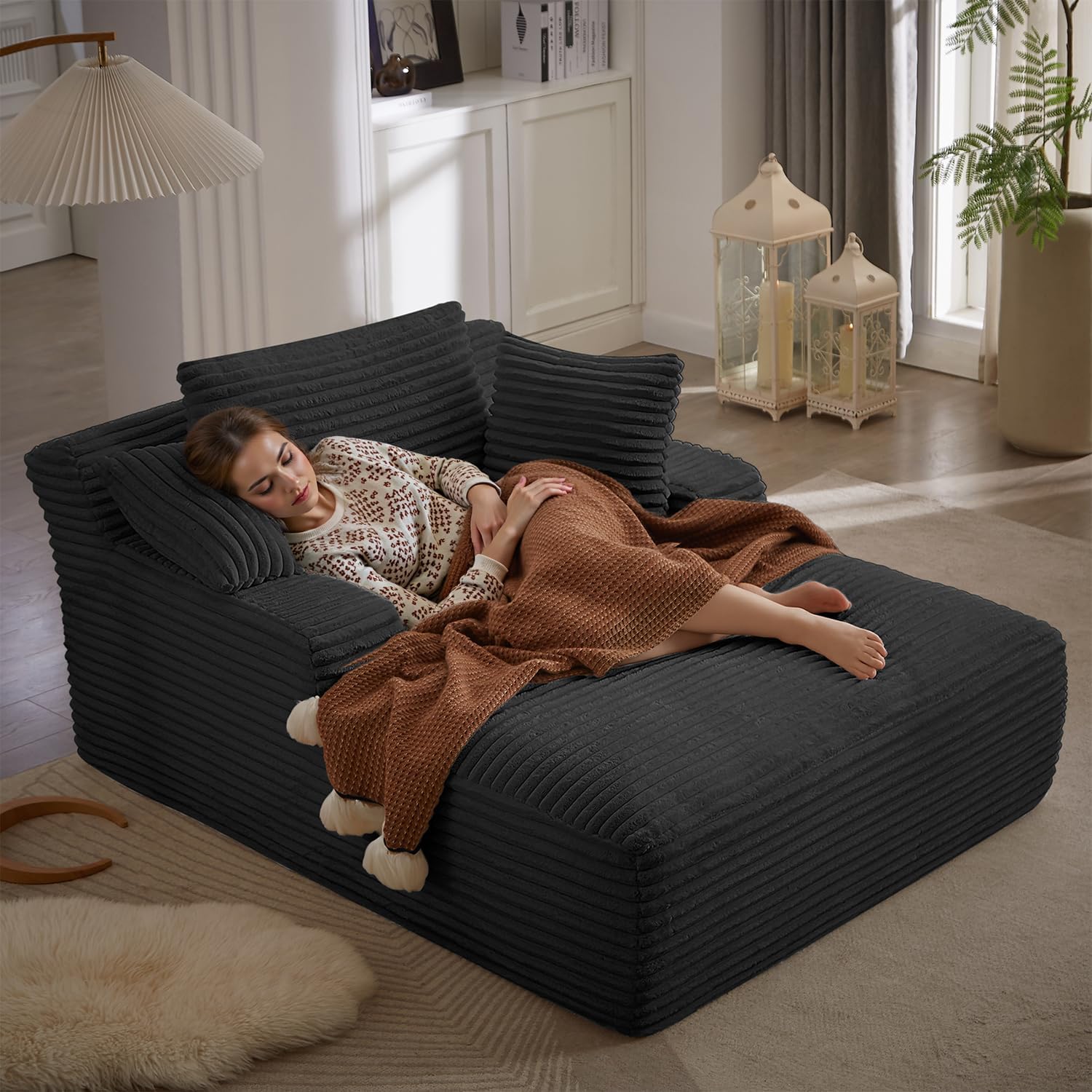 67 Inch Chaise Lounge Chair Indoor, Oversized Corduroy Upholstered Boneless Sofa Bed, Deep Seat Sleeper Couch Reading Chairs, Cloud Sofas Couches for Living Room, No Assembly Required (Beige)