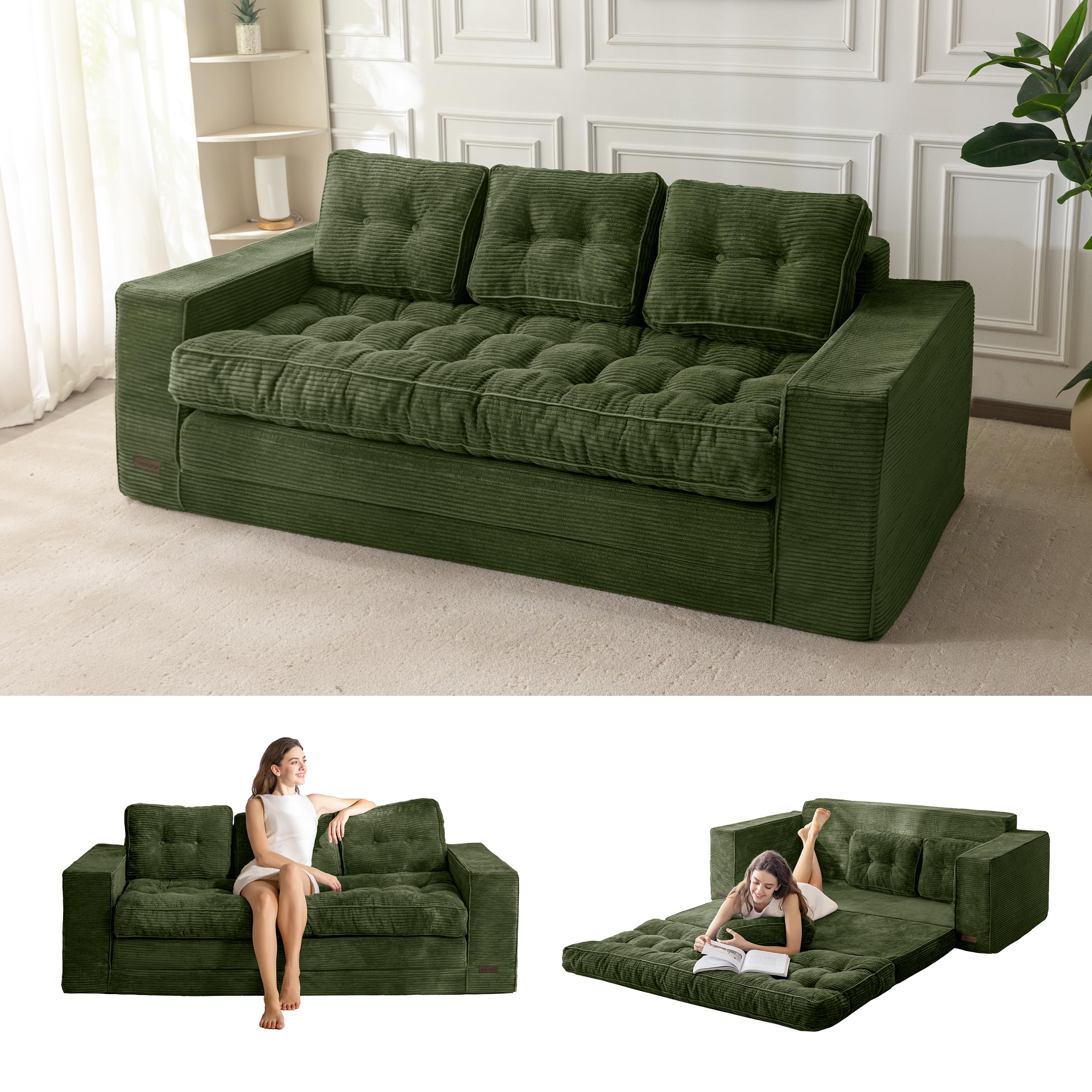 Convertible Sofa Bed, Pull Out Loveseat Sofa Couch, 2 in 1 Folding Couch Bed, Fold Out Floor Couch with Pillows for Living Room Bedroom Lounge, Beige