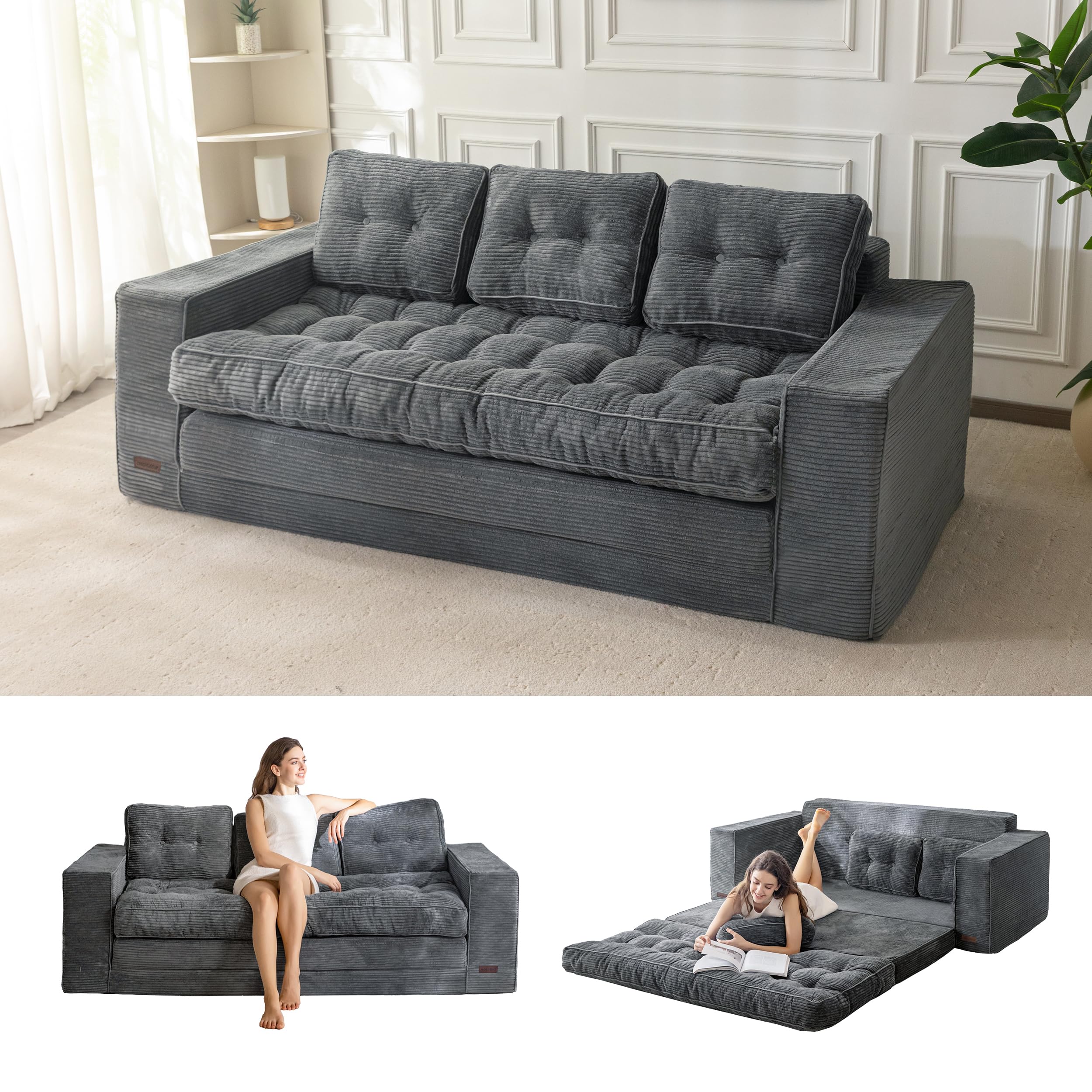 Convertible Sofa Bed, Pull Out Loveseat Sofa Couch, 2 in 1 Folding Couch Bed, Fold Out Floor Couch with Pillows for Living Room Bedroom Lounge, Beige