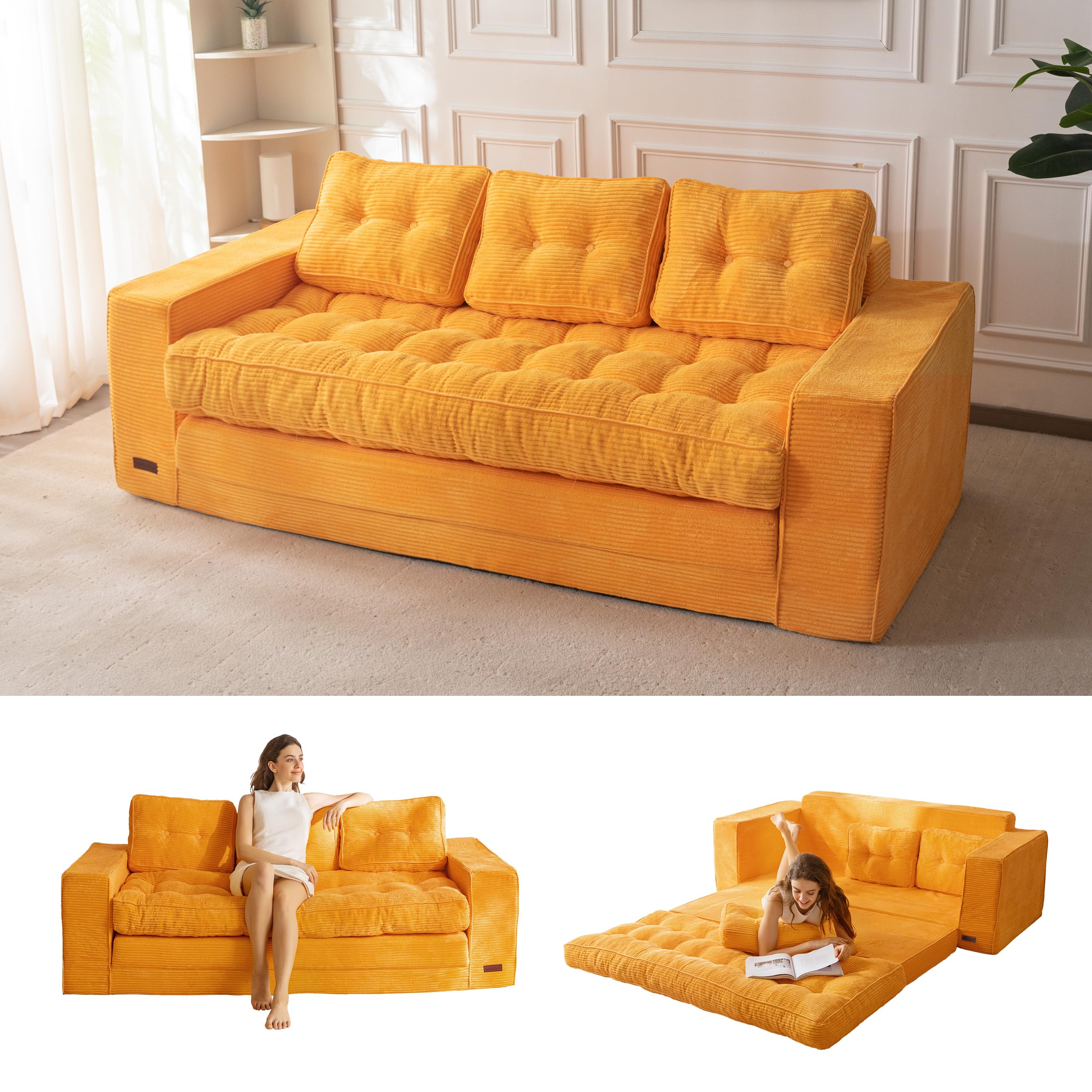 Convertible Sofa Bed, Pull Out Loveseat Sofa Couch, 2 in 1 Folding Couch Bed, Fold Out Floor Couch with Pillows for Living Room Bedroom Lounge, Beige