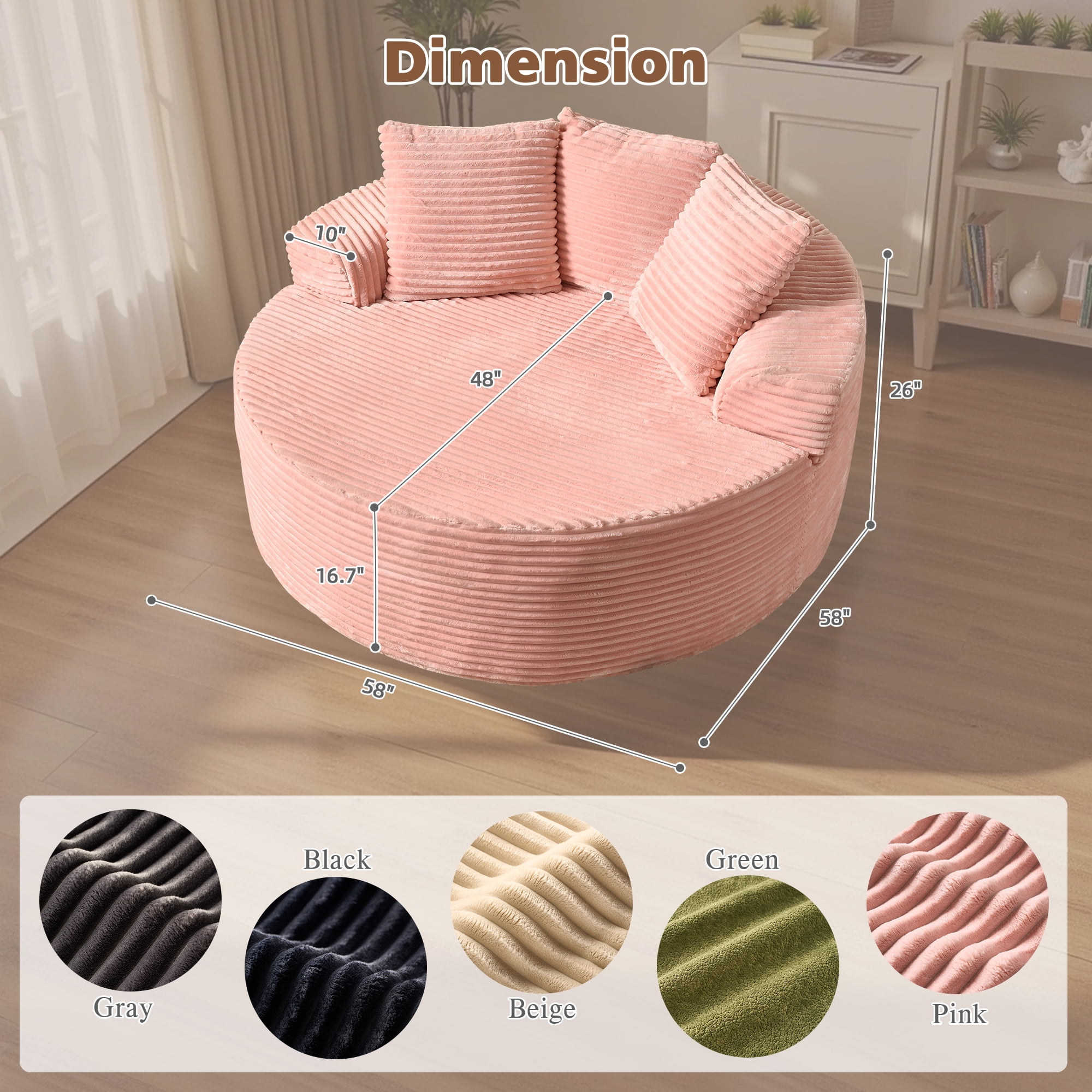 Ovios 58" Oversized Lounge Chair Round Cloud Deep Seat Accent Chair Plush Corduroy Boneless Sofa Chair for Living Room