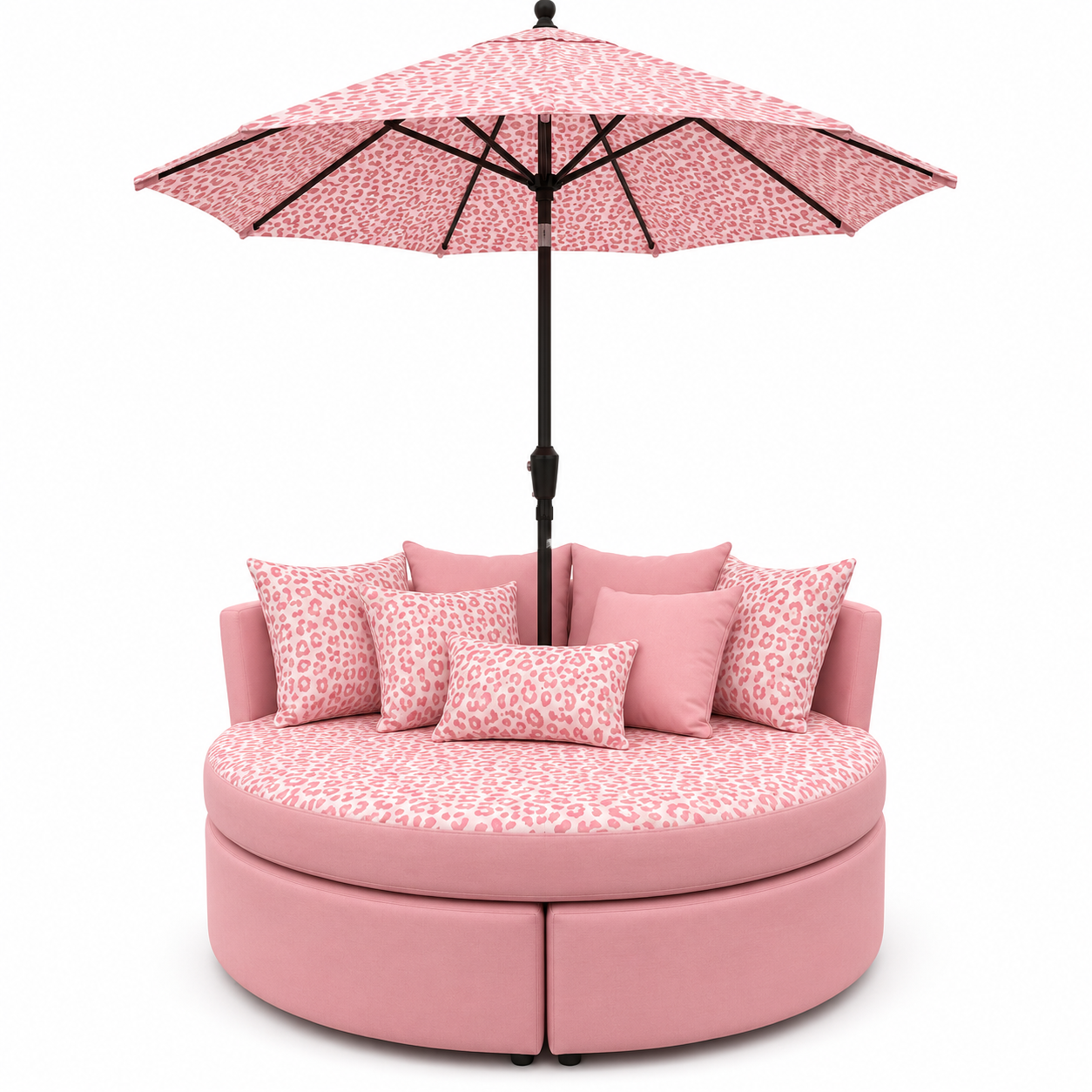 💗 Oversized Round Lounge Daybed with Matching Umbrella & Cushions – Pink Leopard Print