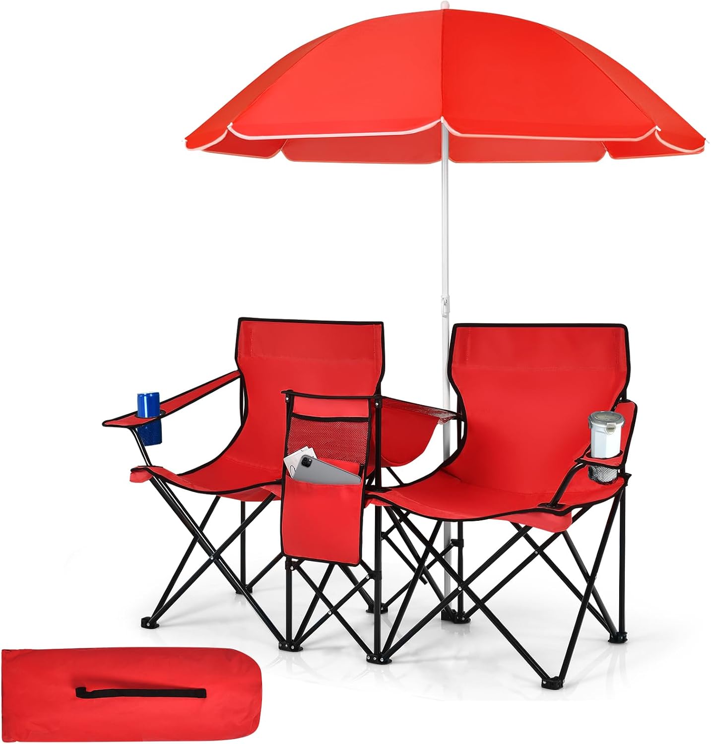 Tangkula Double Camping Chairs with Umbrella, Portable 2 Seat Folding Camp Chair with Cooler Bag, Beverage Holder, Carrying Bag, Foldable Lawn Chair for Outside, Fishing, Picnic, Beach