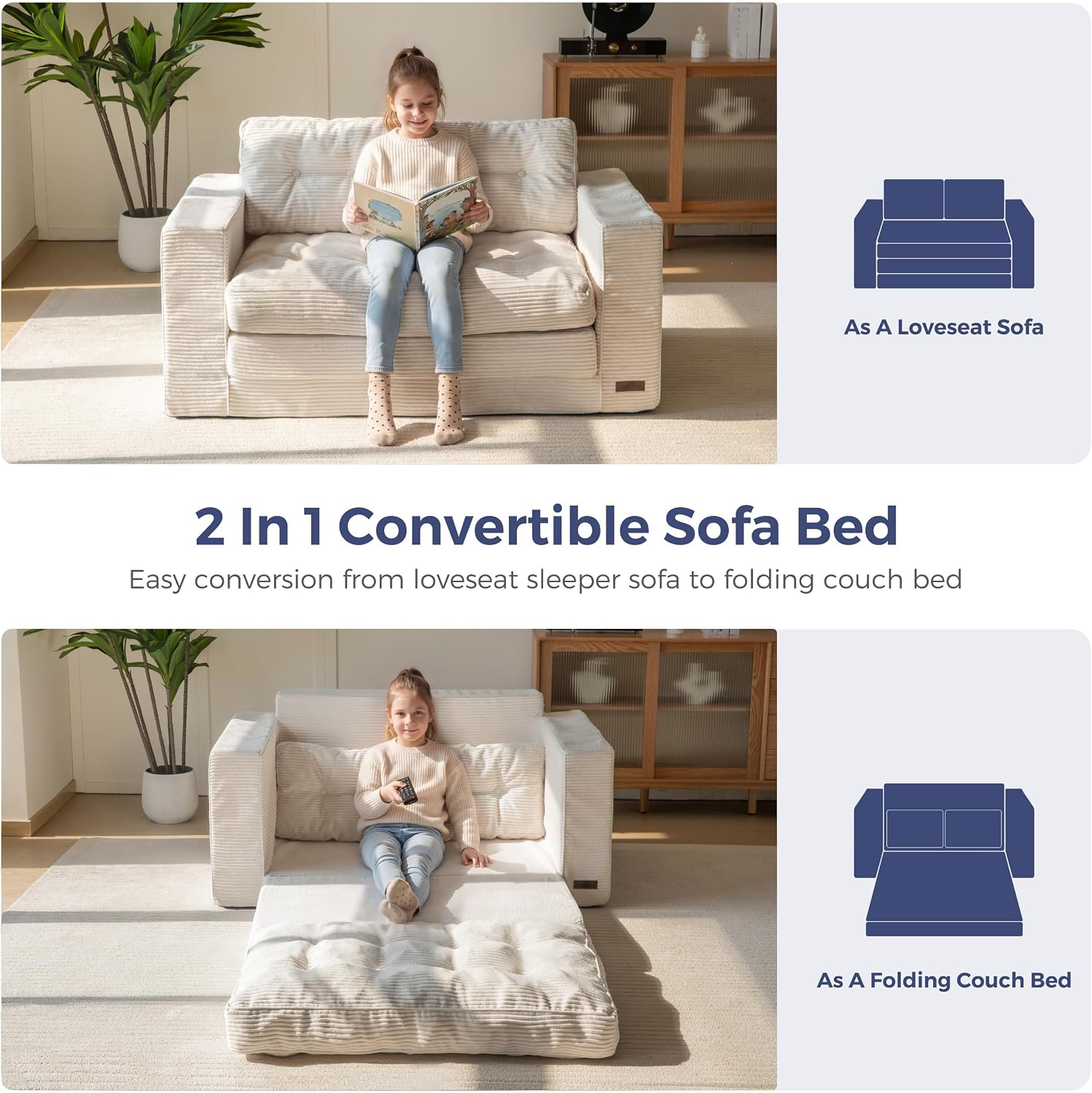 Convertible Sofa Bed, Pull Out Loveseat Sofa Couch, 2 in 1 Folding Couch Bed, Fold Out Floor Couch with Pillows for Living Room Bedroom Lounge, Beige