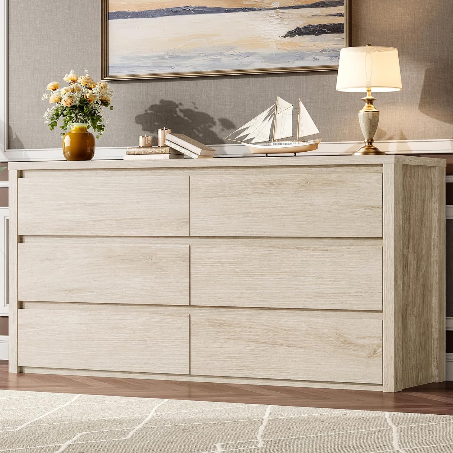  6 Drawer Dresser for Bedroom, Wood Chest of Drawers Handle Free, Large Modern Dresser Storage Cabinet for Living Room, Hallway Entryway