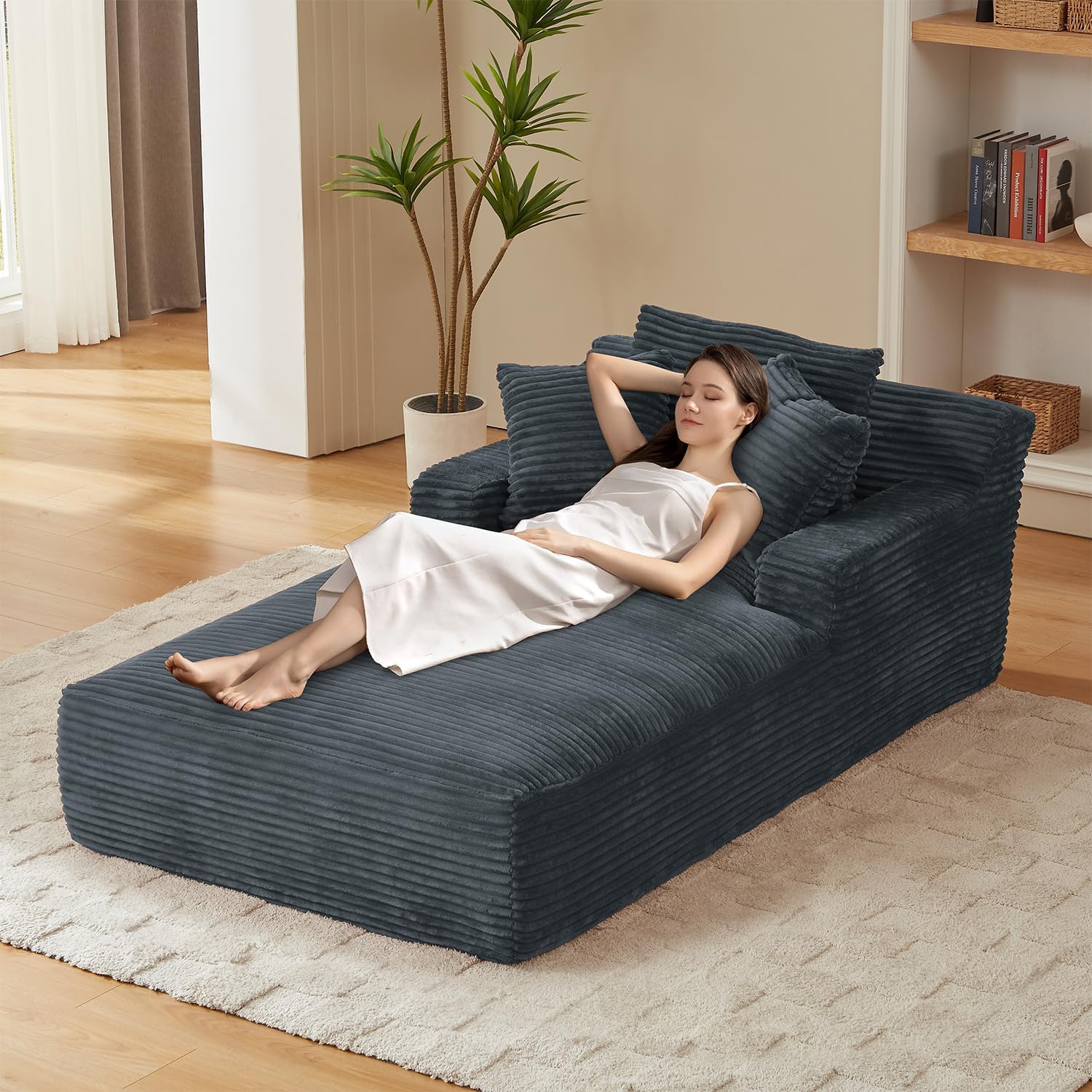 67 Inch Chaise Lounge Chair Indoor, Oversized Corduroy Upholstered Boneless Sofa Bed, Deep Seat Sleeper Couch Reading Chairs, Cloud Sofas Couches for Living Room, No Assembly Required (Beige)
