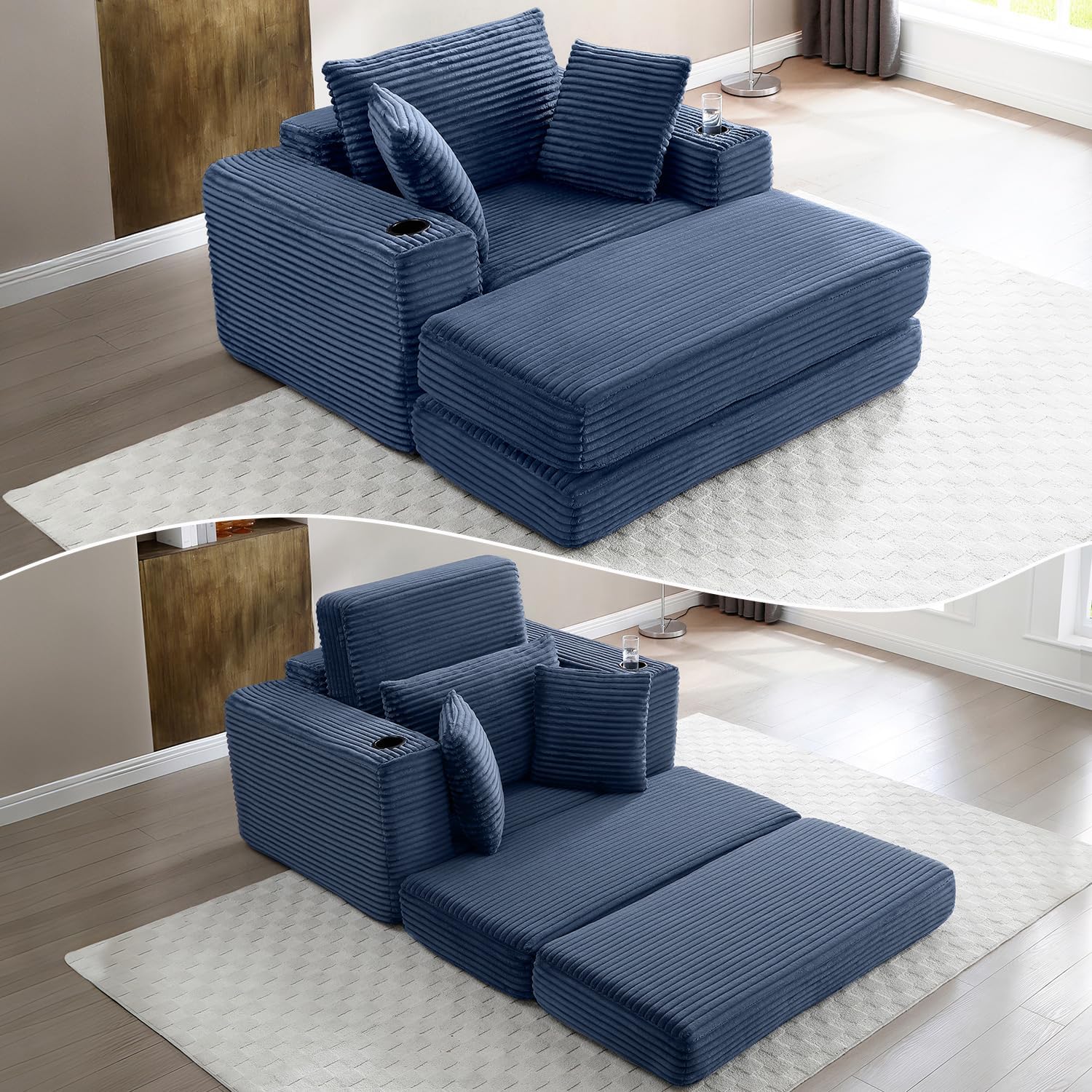 67 Inch Chaise Lounge Chair Indoor, Oversized Corduroy Upholstered Boneless Sofa Bed, Deep Seat Sleeper Couch Reading Chairs, Cloud Sofas Couches for Living Room, No Assembly Required (Beige)