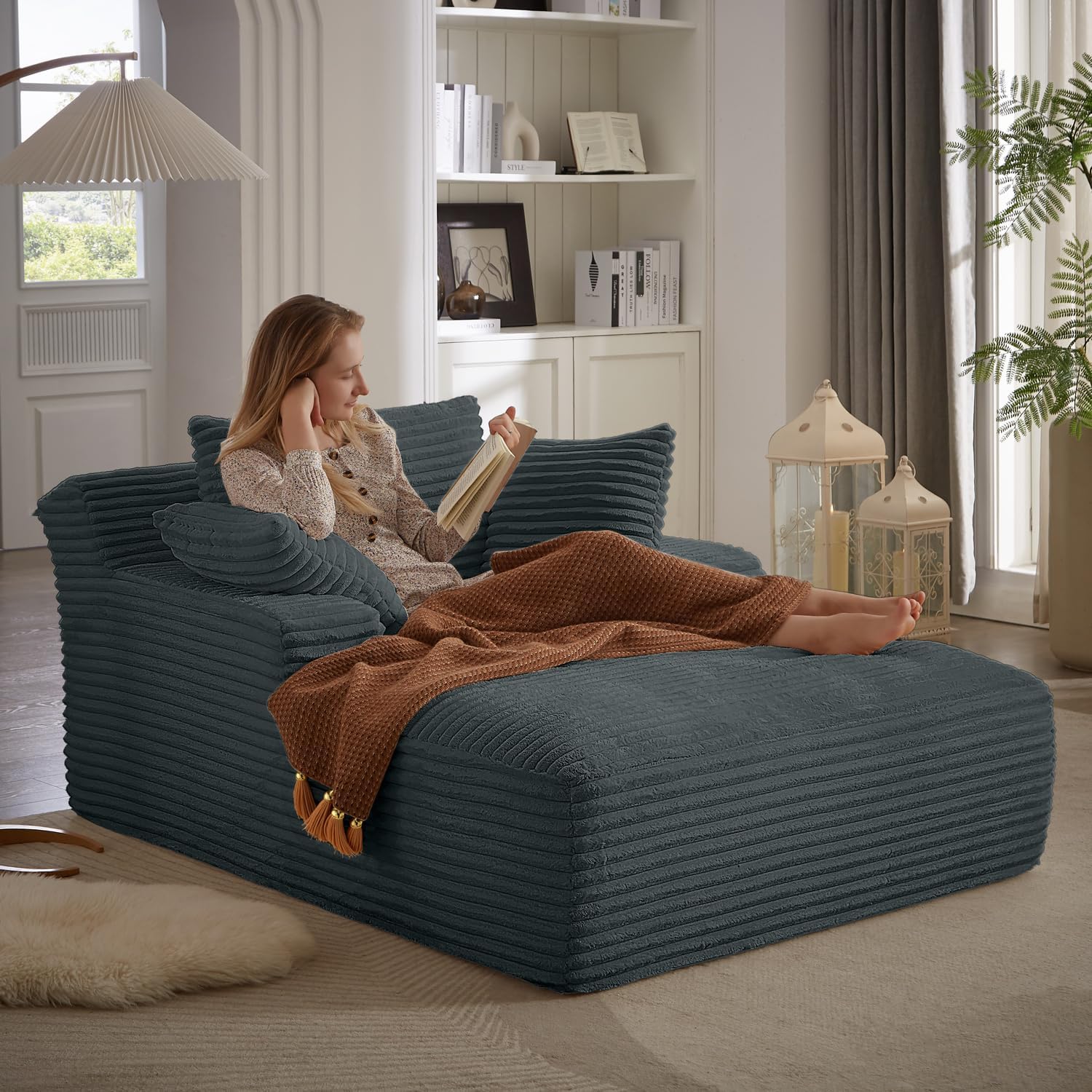 67 Inch Chaise Lounge Chair Indoor, Oversized Corduroy Upholstered Boneless Sofa Bed, Deep Seat Sleeper Couch Reading Chairs, Cloud Sofas Couches for Living Room, No Assembly Required (Beige)