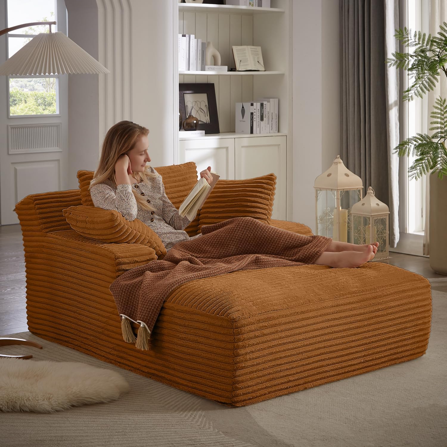 67 Inch Chaise Lounge Chair Indoor, Oversized Corduroy Upholstered Boneless Sofa Bed, Deep Seat Sleeper Couch Reading Chairs, Cloud Sofas Couches for Living Room, No Assembly Required (Beige)