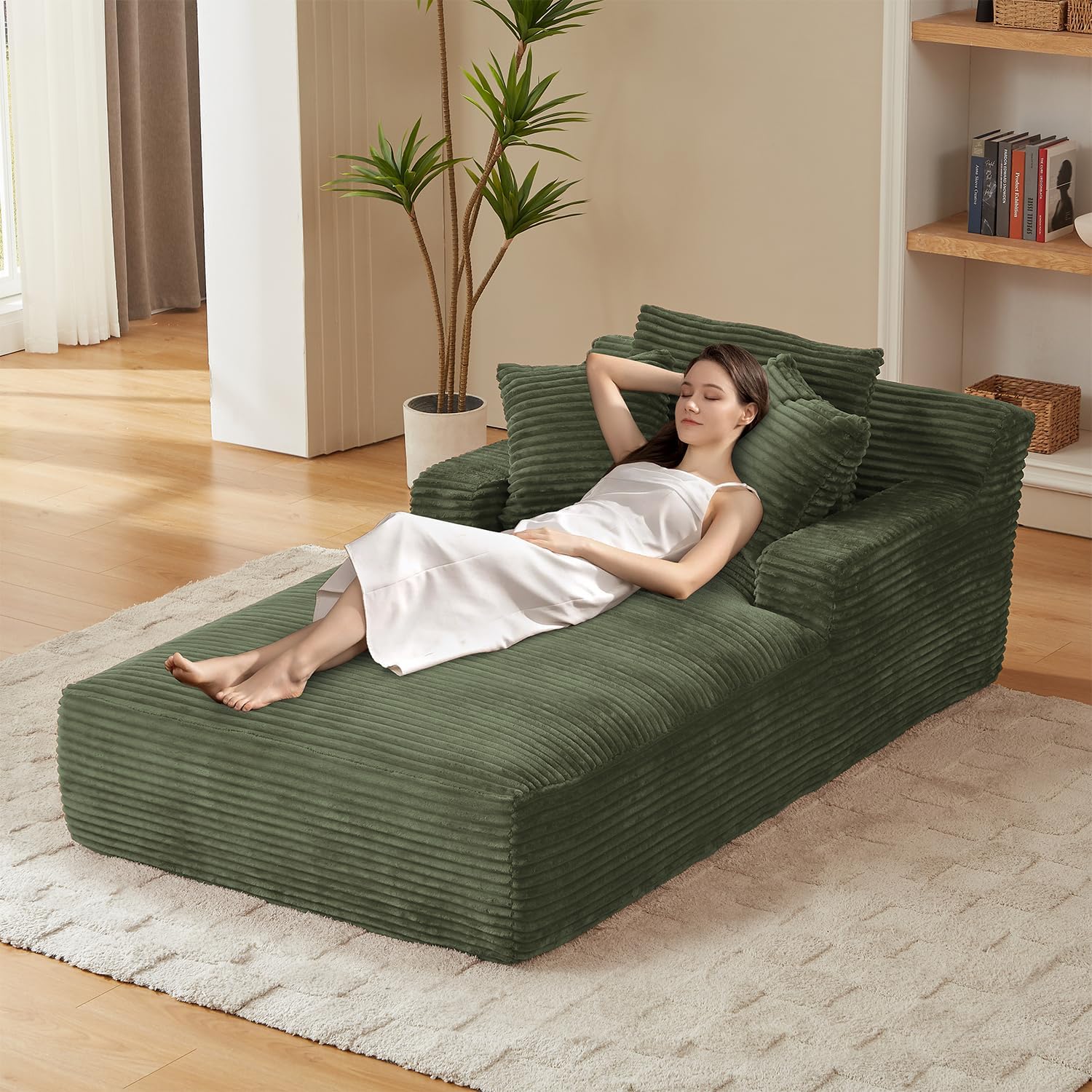67 Inch Chaise Lounge Chair Indoor, Oversized Corduroy Upholstered Boneless Sofa Bed, Deep Seat Sleeper Couch Reading Chairs, Cloud Sofas Couches for Living Room, No Assembly Required (Beige)